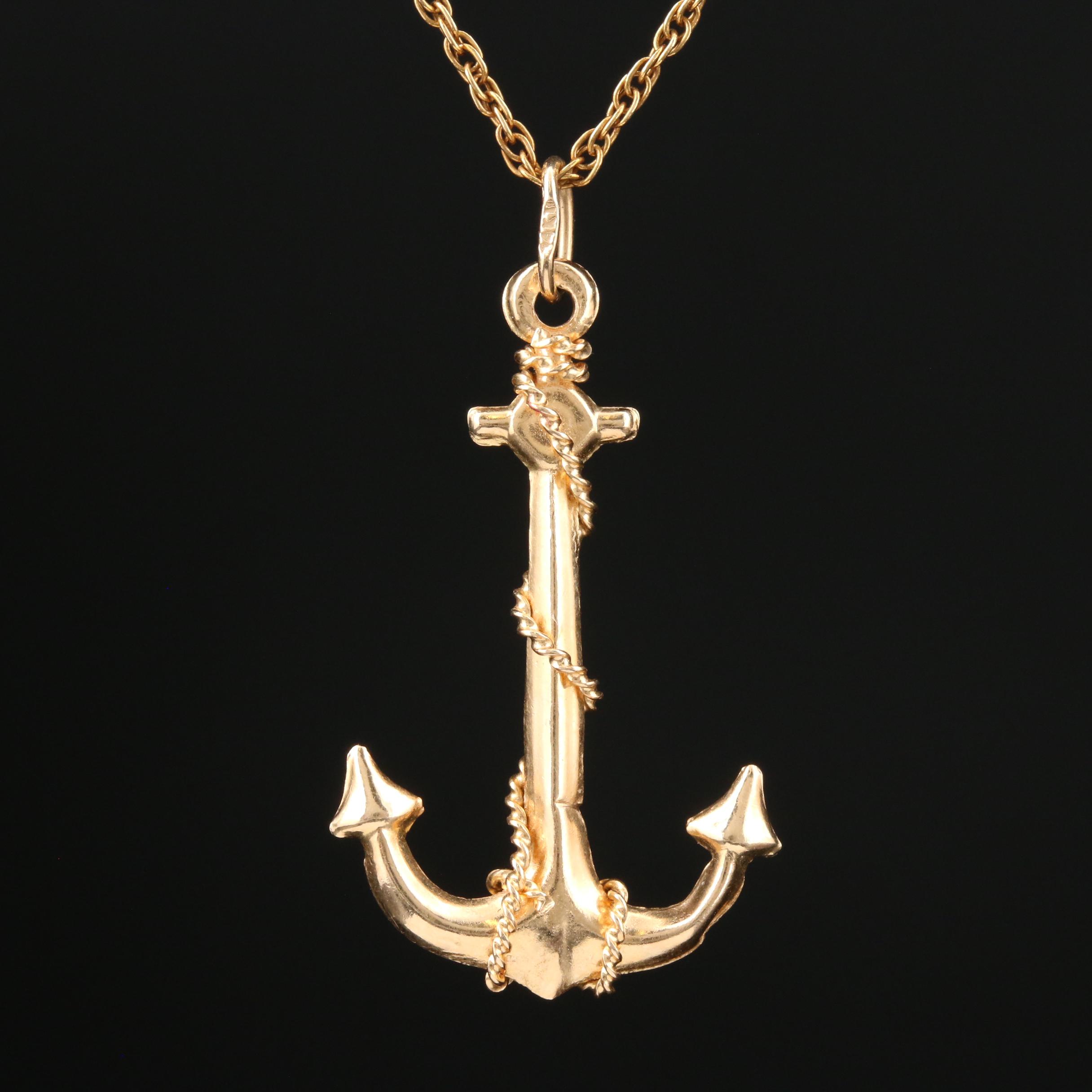 14K Yellow Gold Anchor Pendant on Rope Chain