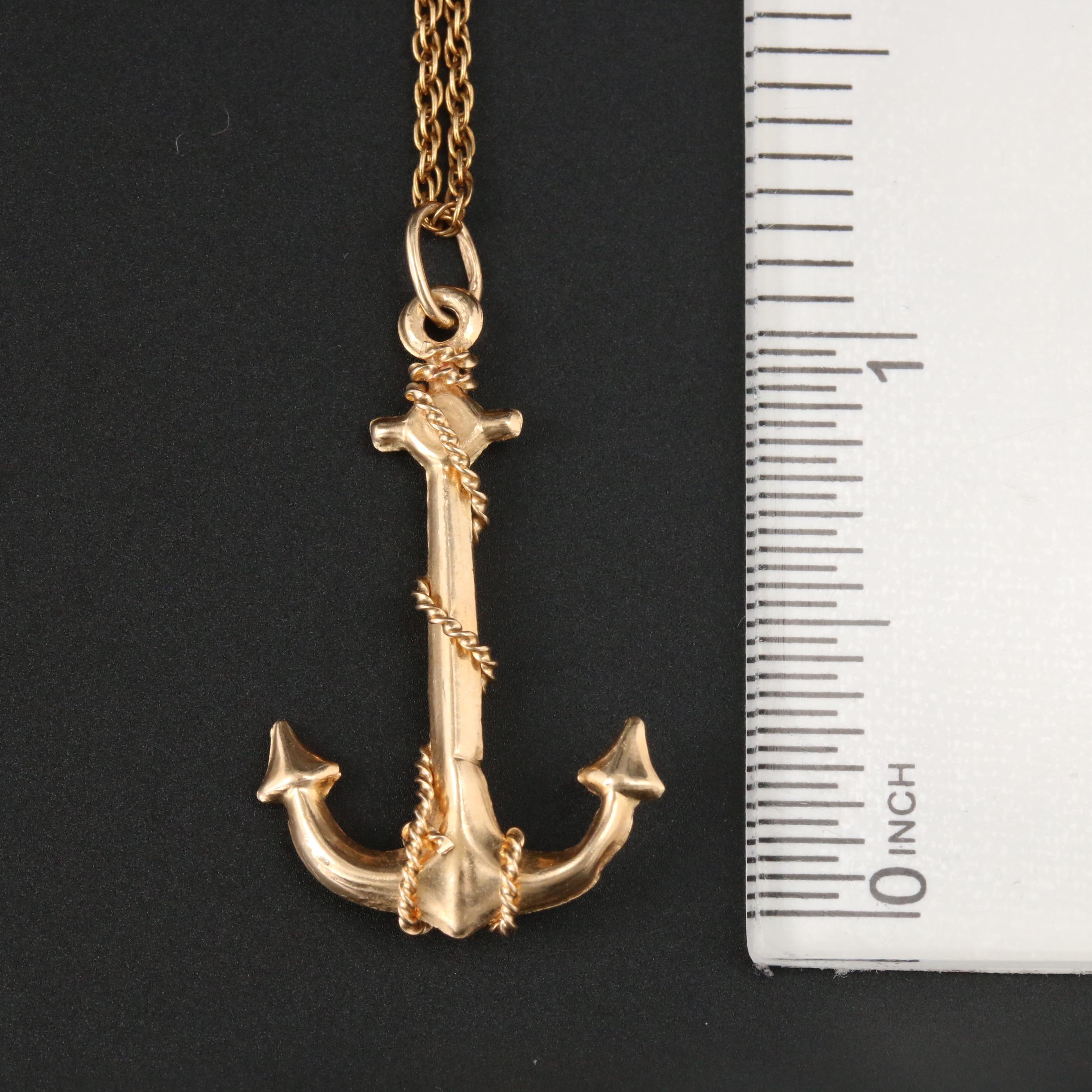 14K Yellow Gold Anchor Pendant on Rope Chain