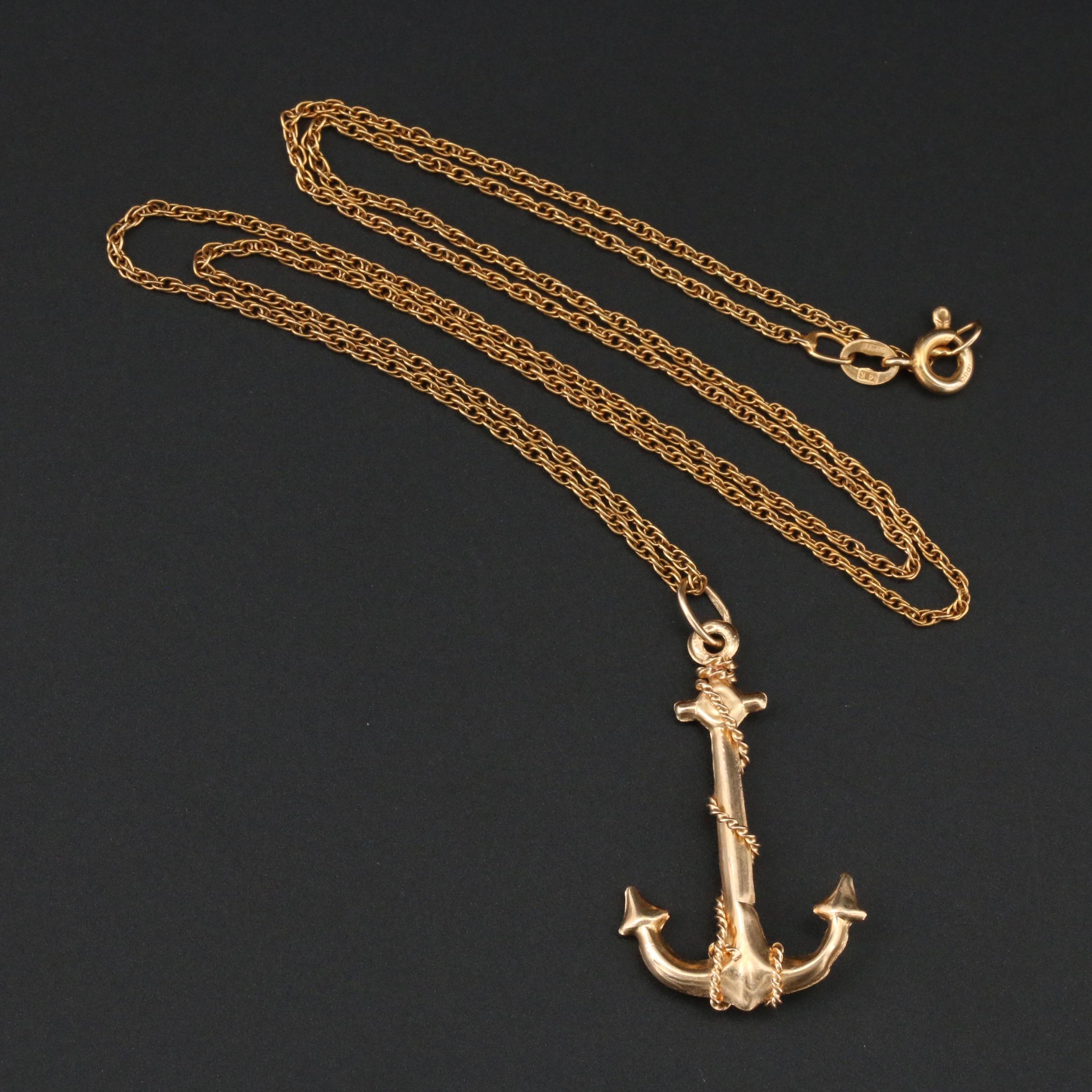 14K Yellow Gold Anchor Pendant on Rope Chain