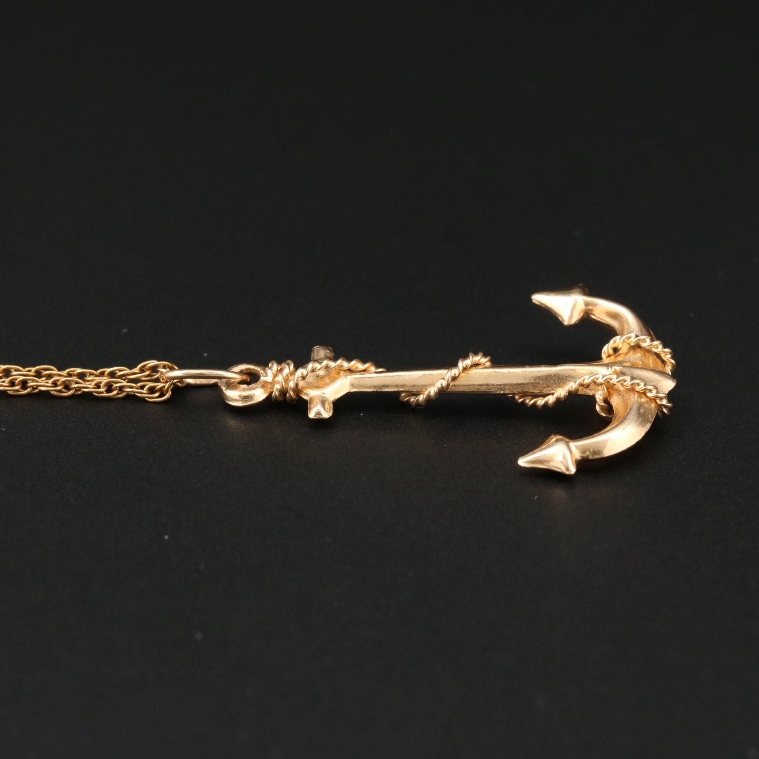 14K Yellow Gold Anchor Pendant on Rope Chain
