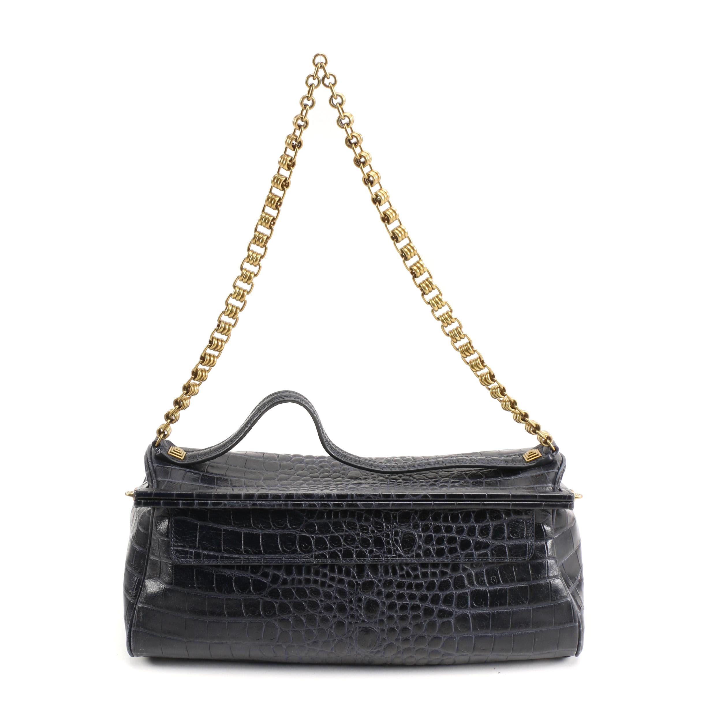 Tory Burch Deep Blue Crocodile Embossed Leather Chain Frame Bag