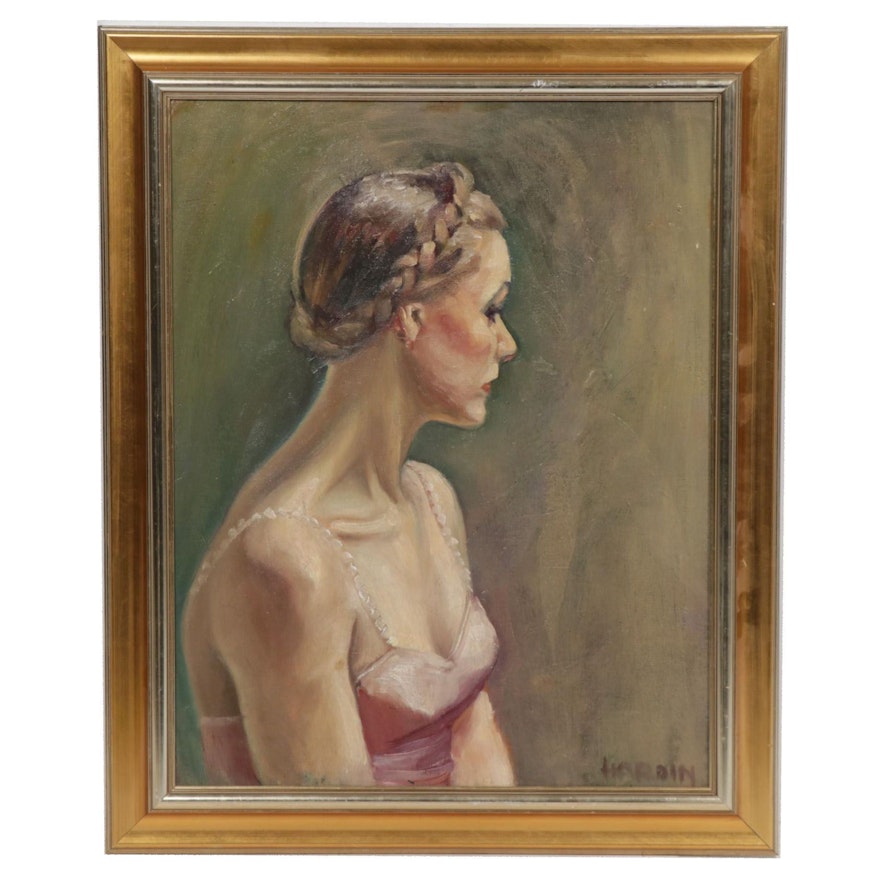 Ballerina Portrait Oil Painting, Mid-20th Century