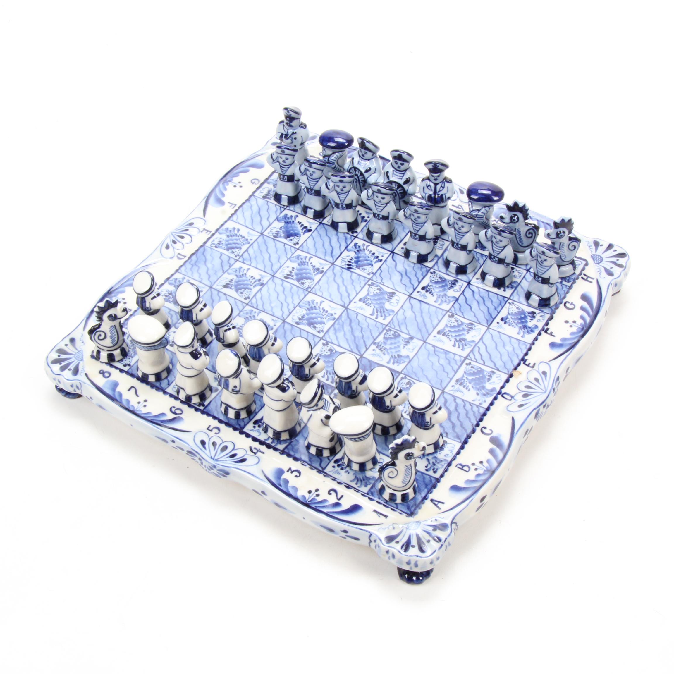 Gzhel Delftware Nautical Themed Russian Porcelain Chess Set with Board