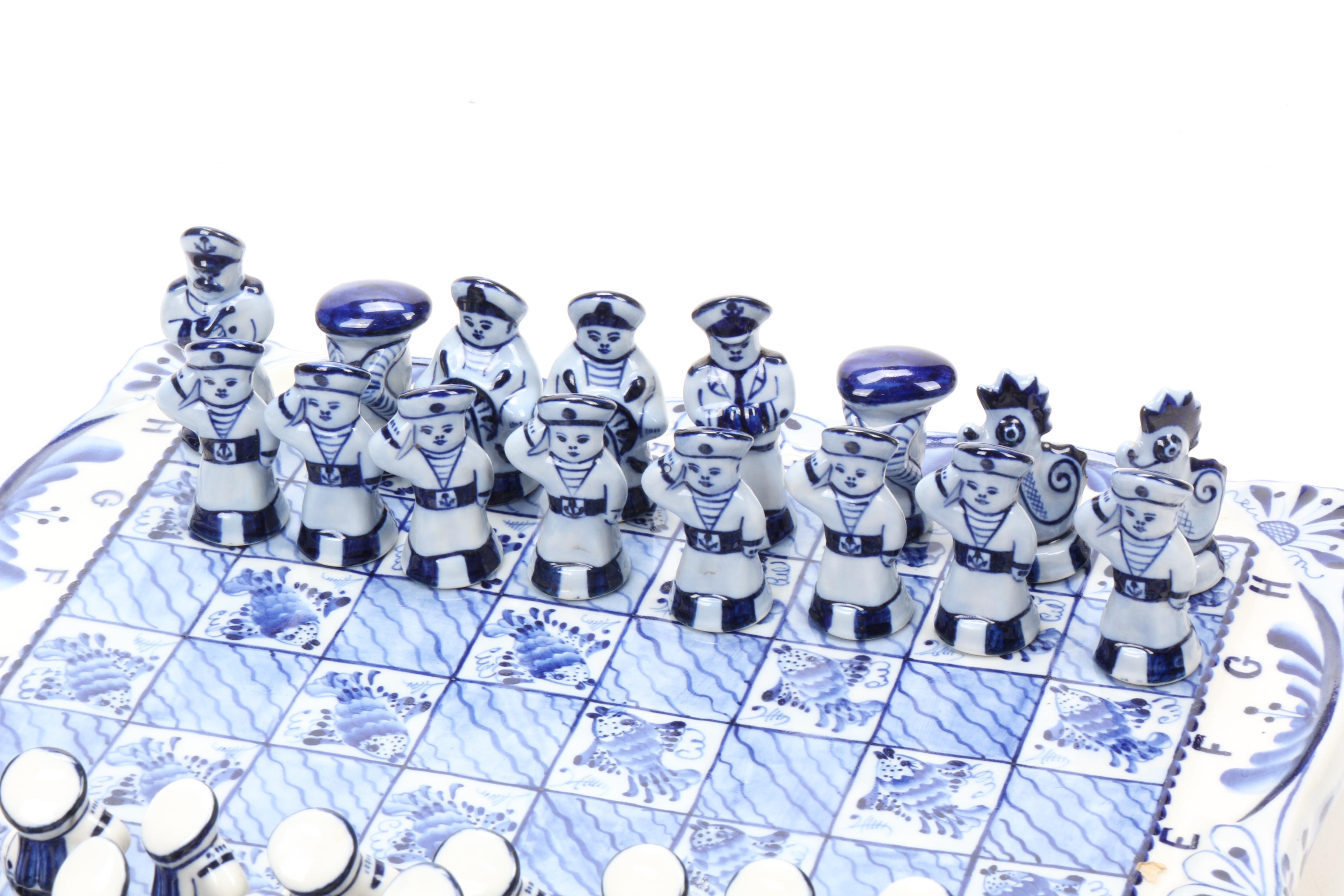 Gzhel Delftware Nautical Themed Russian Porcelain Chess Set with Board