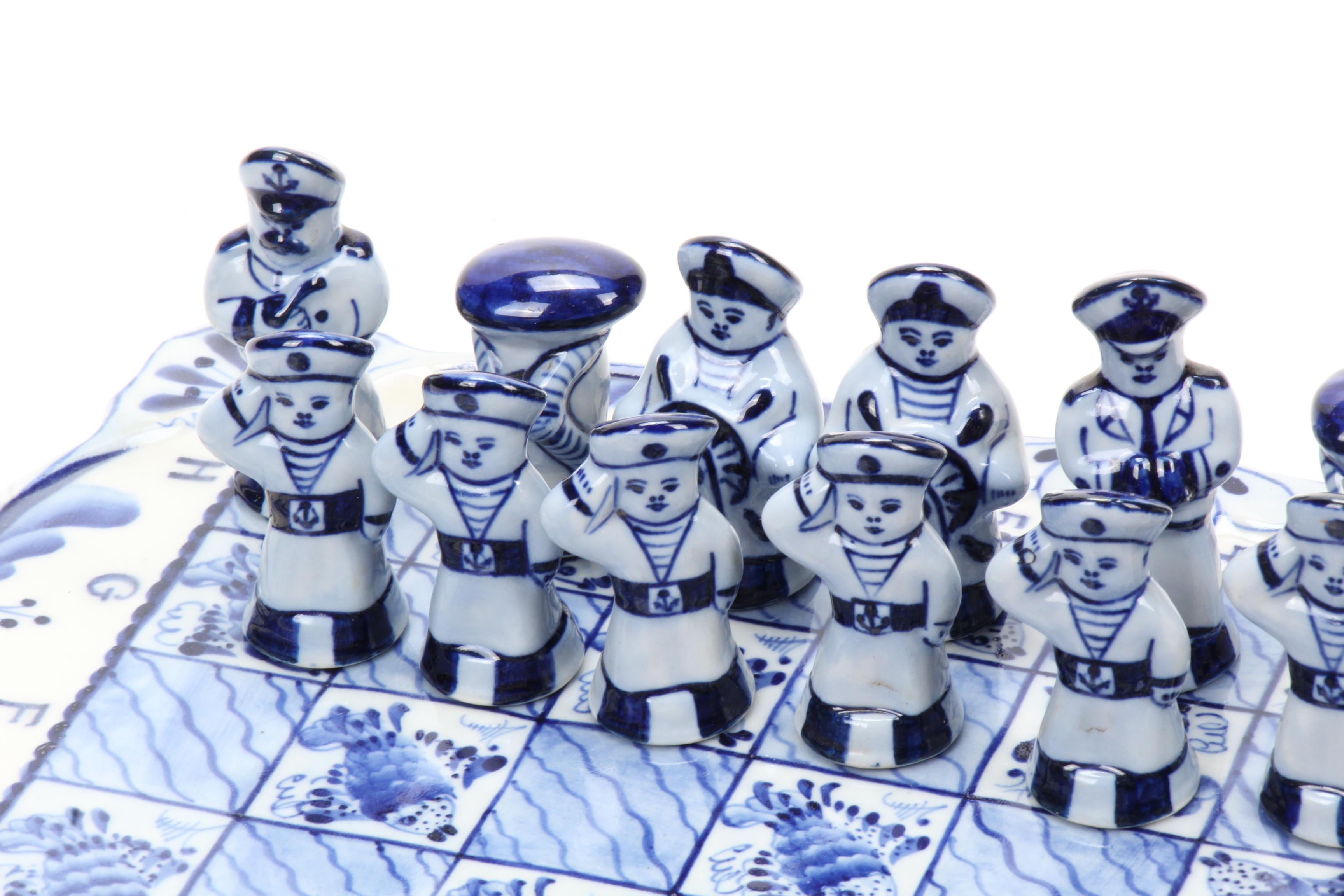 Gzhel Delftware Nautical Themed Russian Porcelain Chess Set with Board