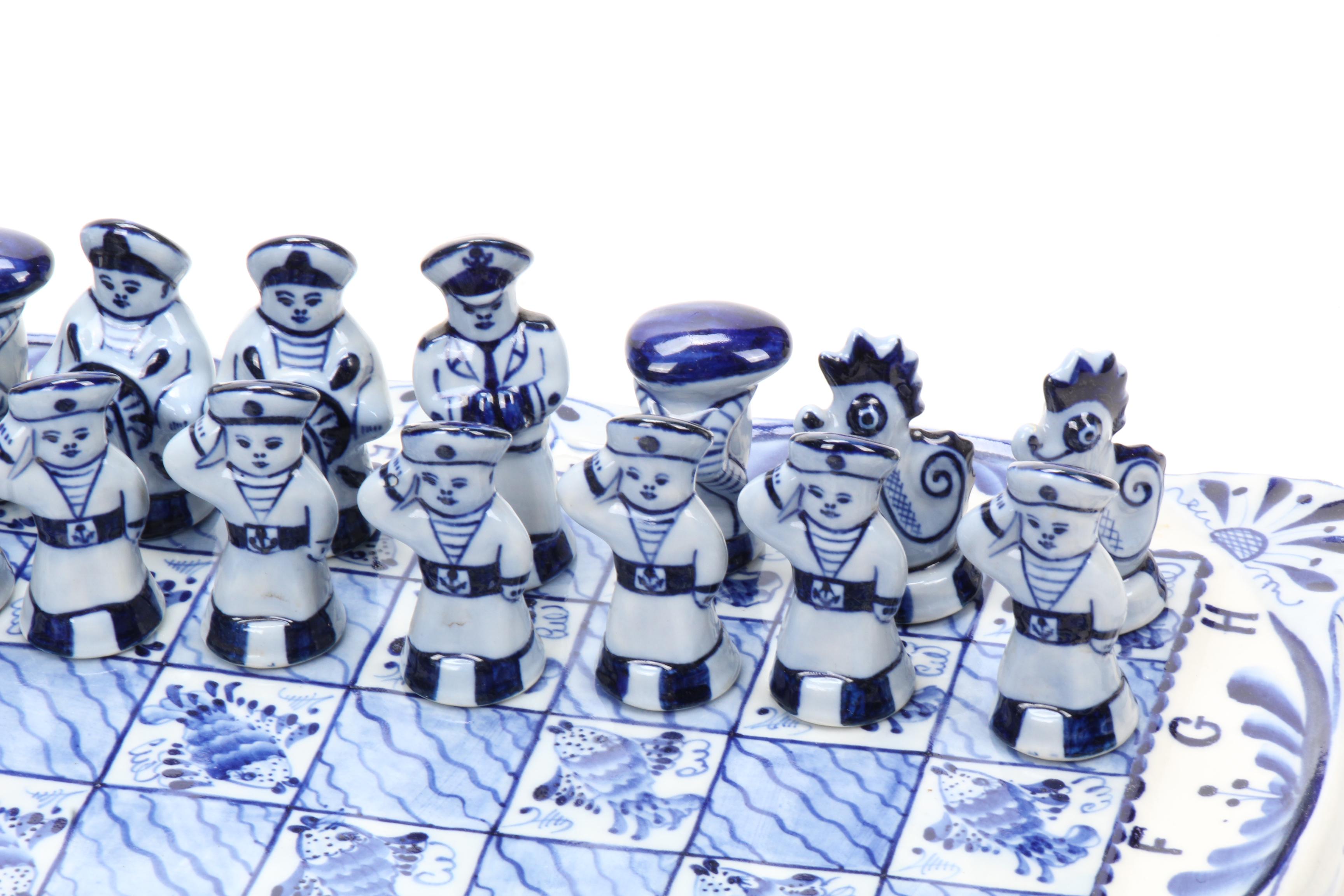 Gzhel Delftware Nautical Themed Russian Porcelain Chess Set with Board