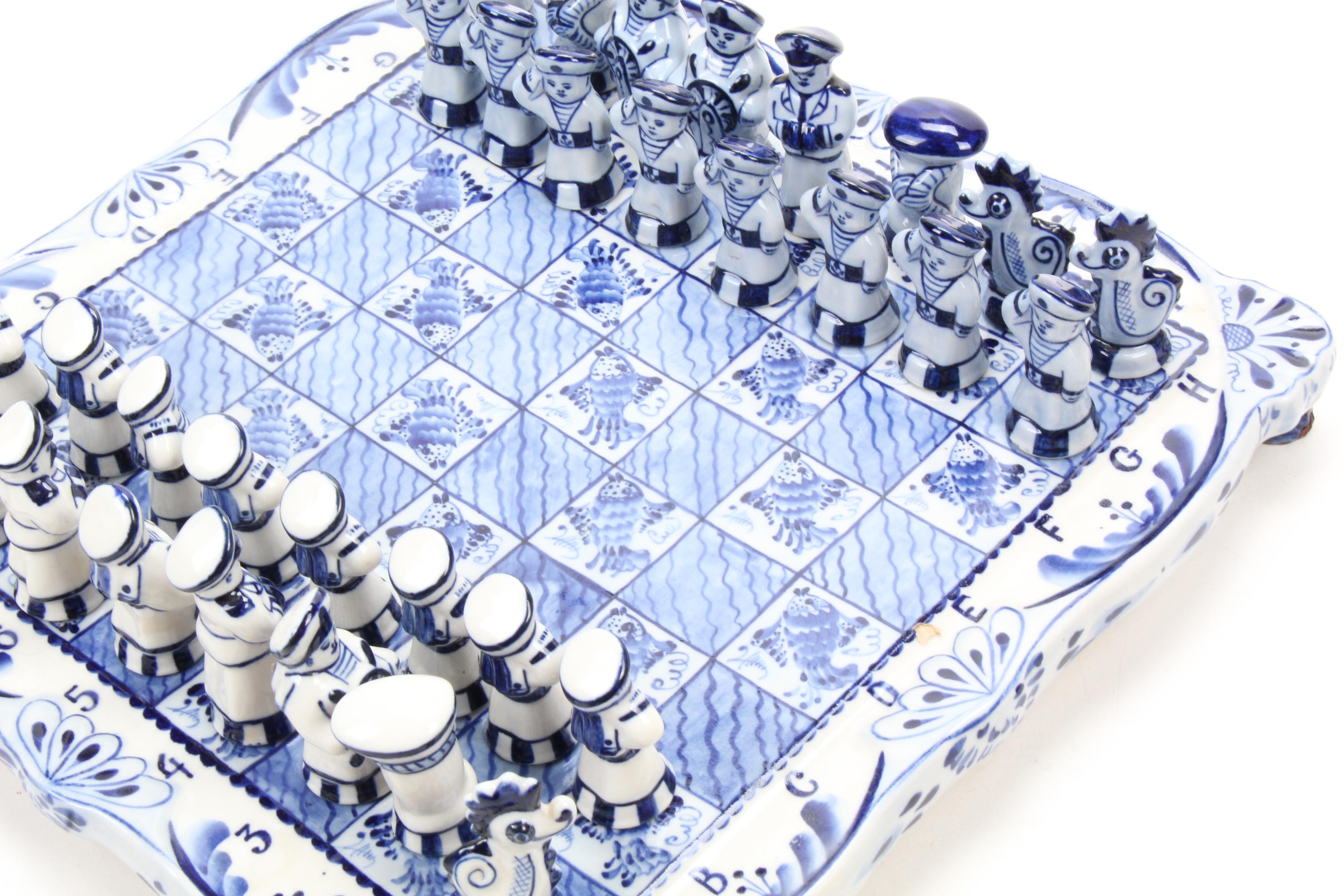 Gzhel Delftware Nautical Themed Russian Porcelain Chess Set with Board