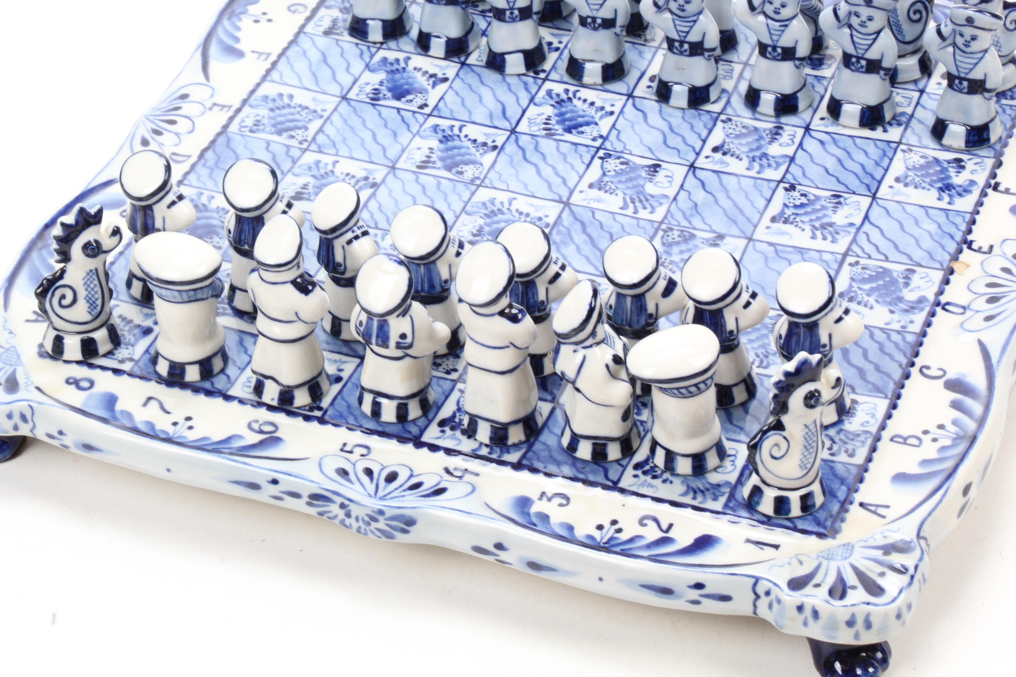 Gzhel Delftware Nautical Themed Russian Porcelain Chess Set with Board