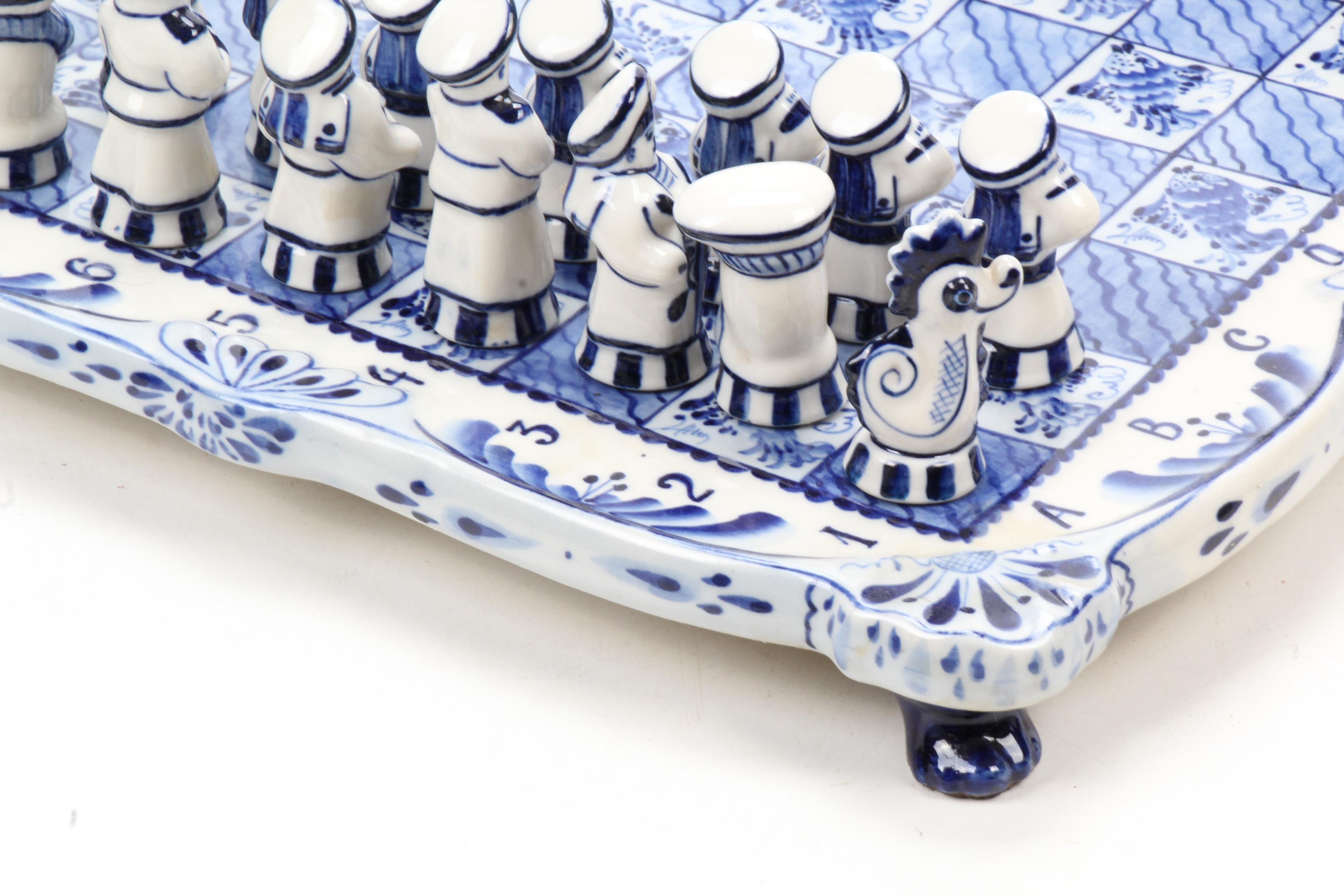 Gzhel Delftware Nautical Themed Russian Porcelain Chess Set with Board