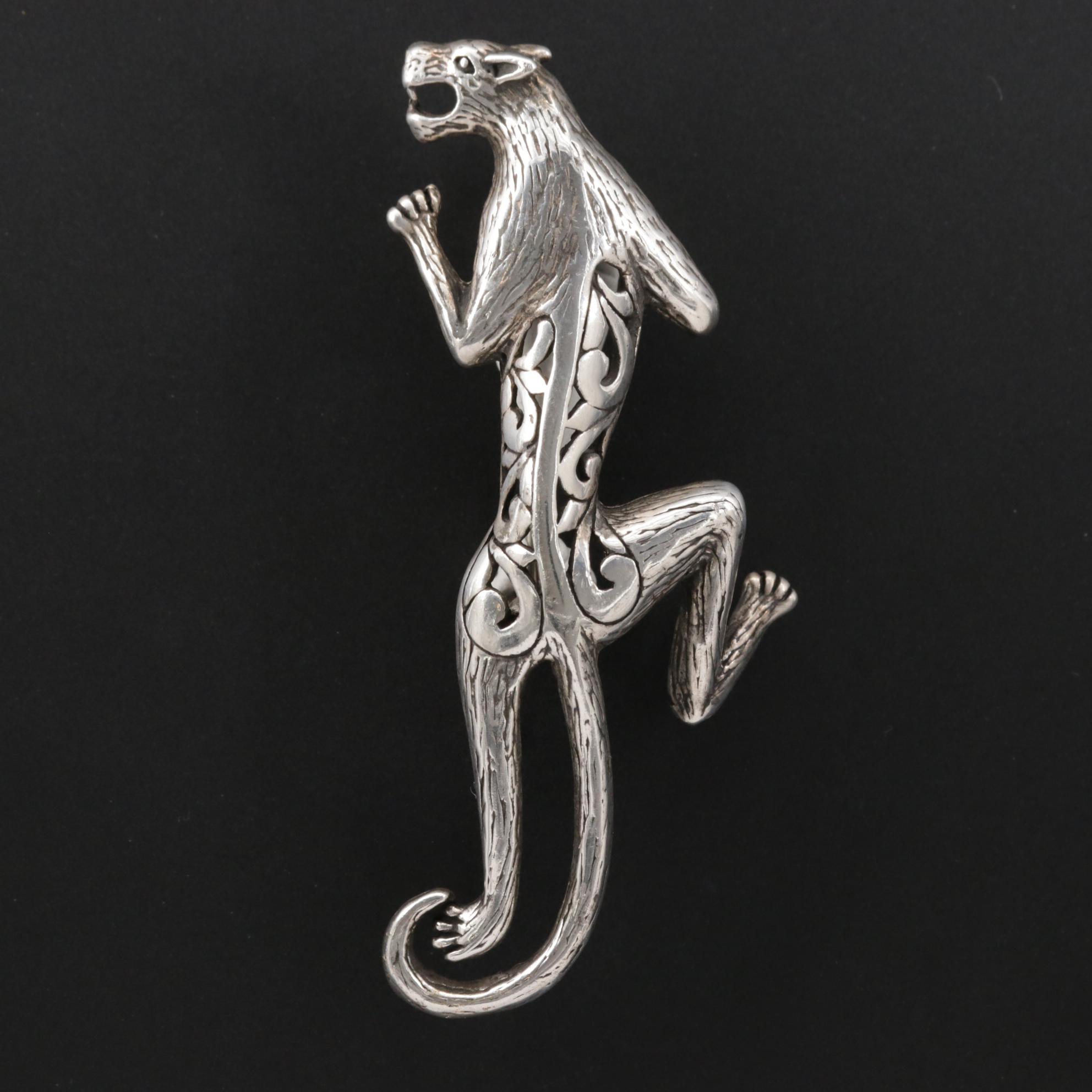 Vintage Jezlaine Sterling Silver Feline Motif Brooch