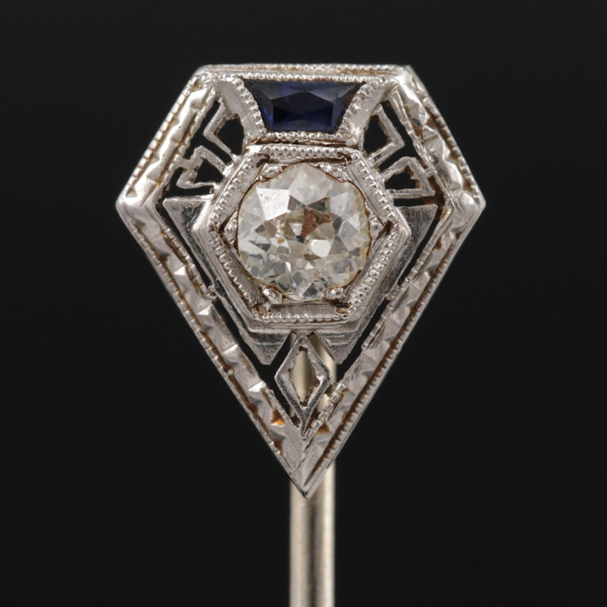 Art Deco 18K White Gold, Platinum, Diamond and Blue Sapphire Stick Pin