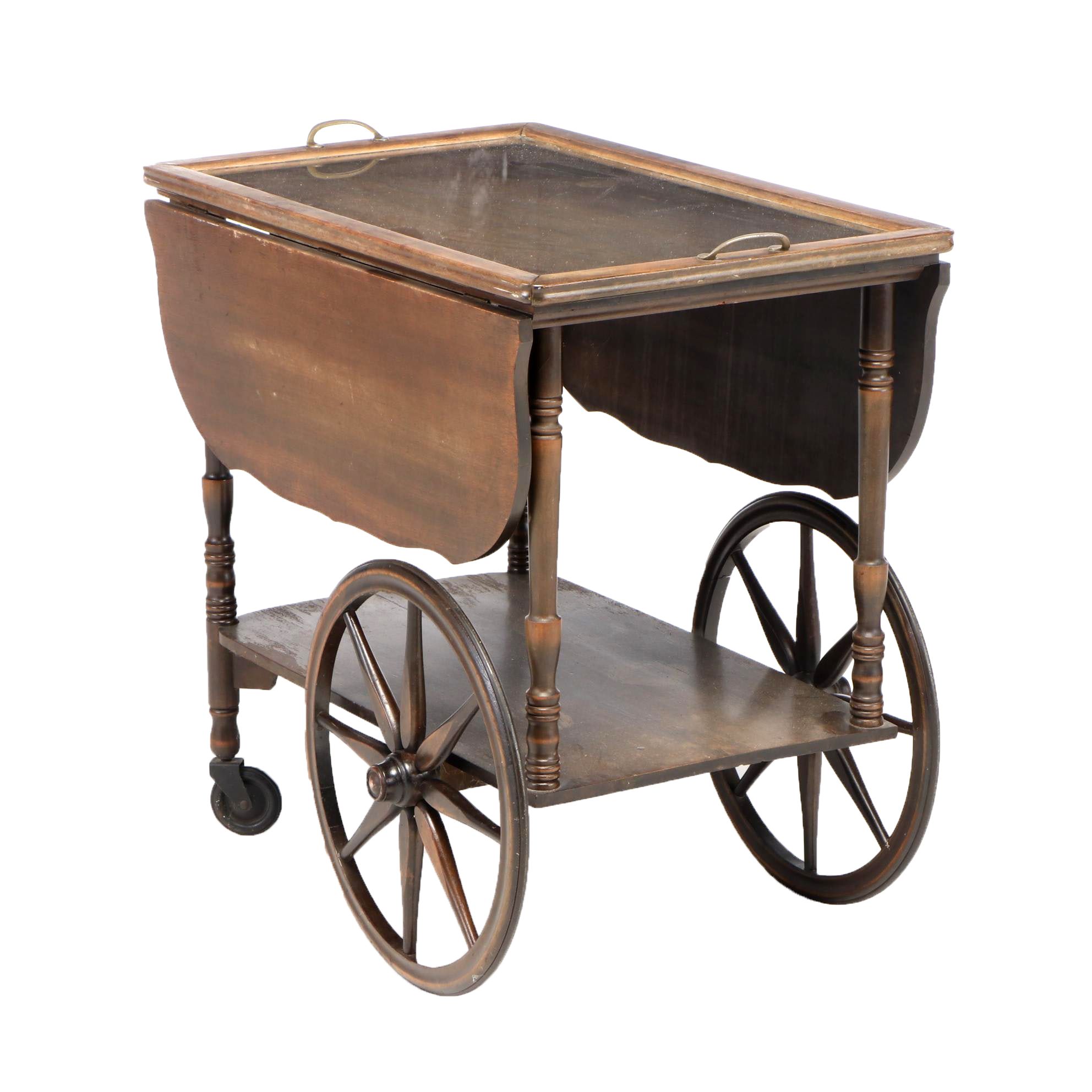 Weathered Wooden Tea Cart with Removable Tray, Mid to Late 20th C.