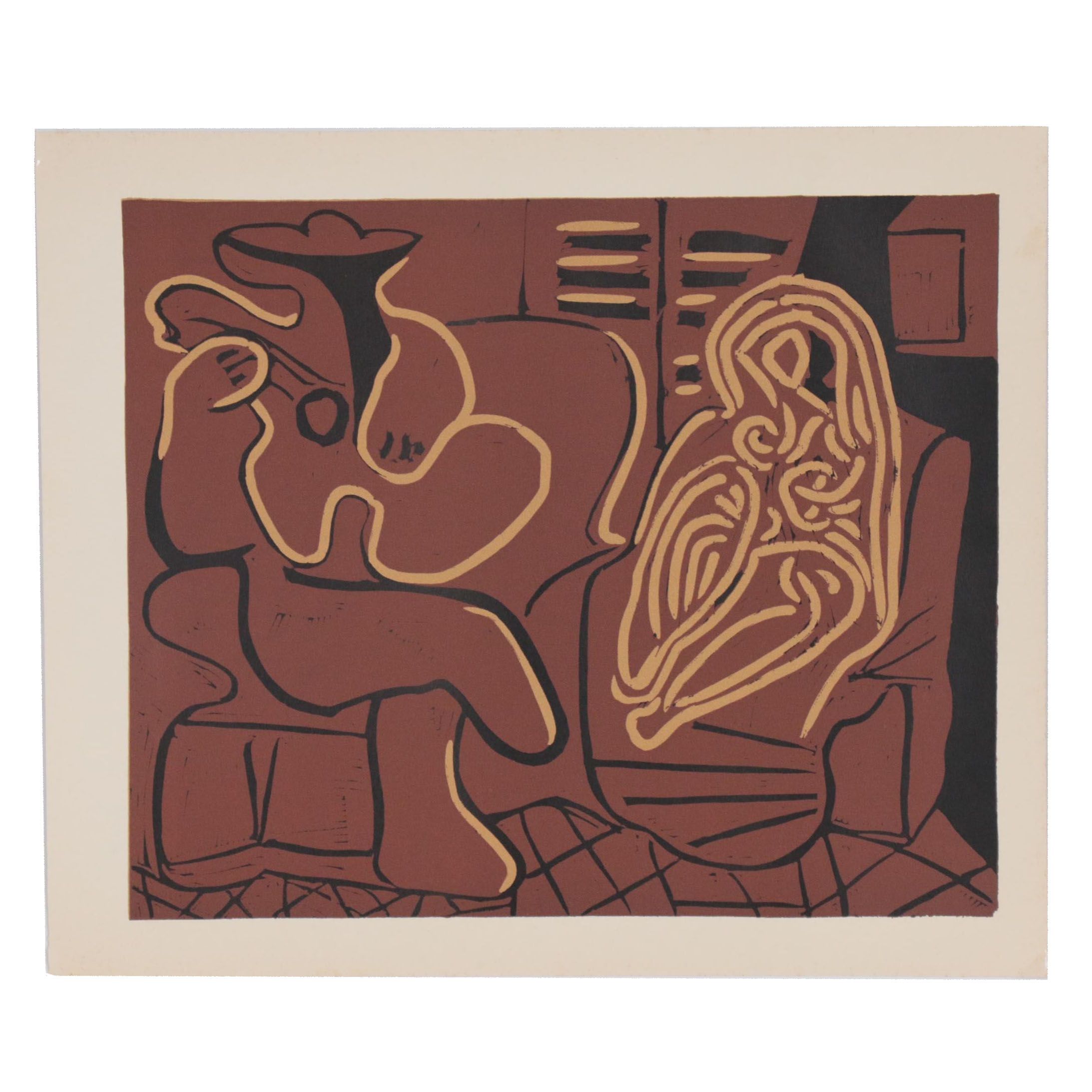 Pablo Picasso Linoleum Cut "Guitar Player and Seated Woman", 1962