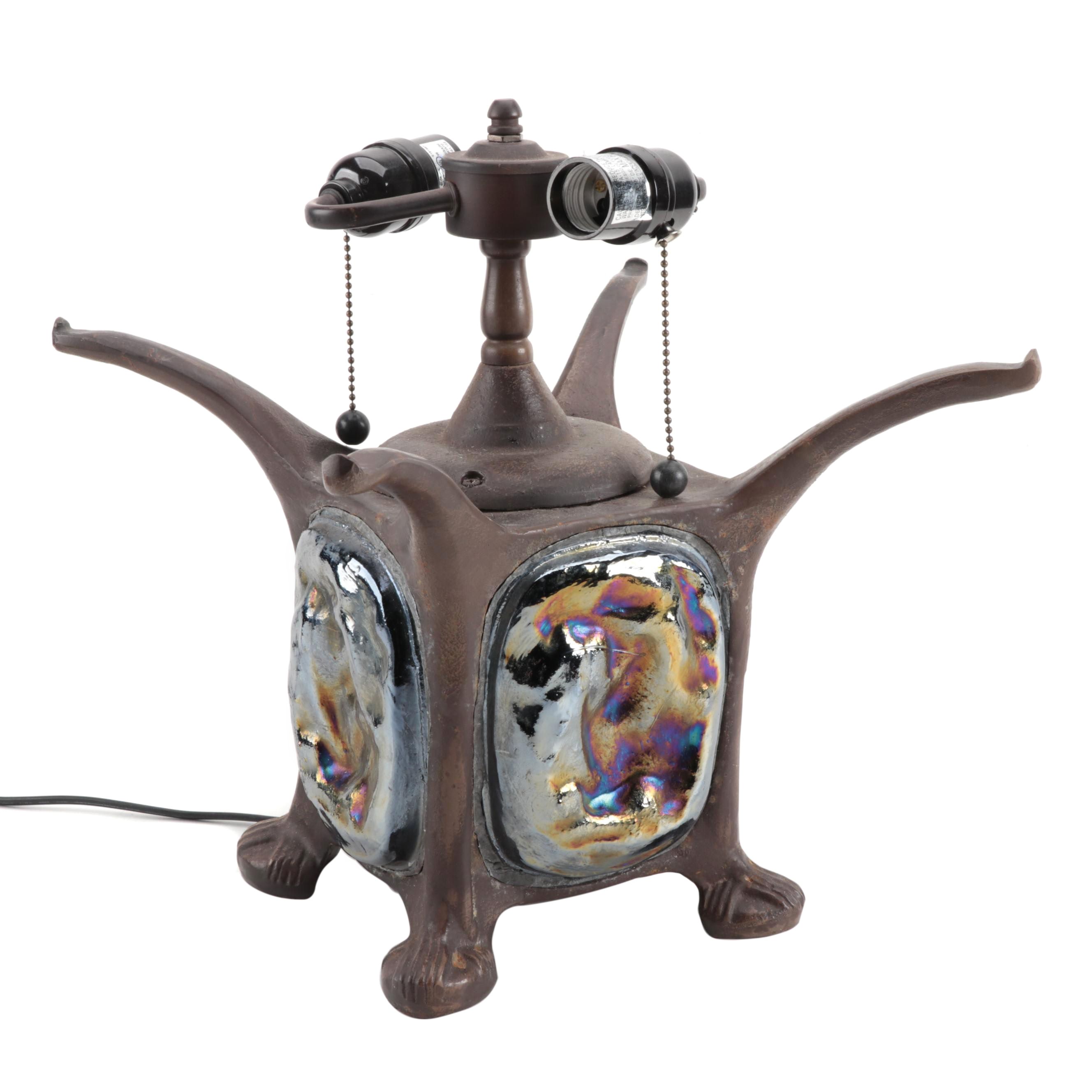 Art Nouveau Metal and Iridescent Glass Lamp Base