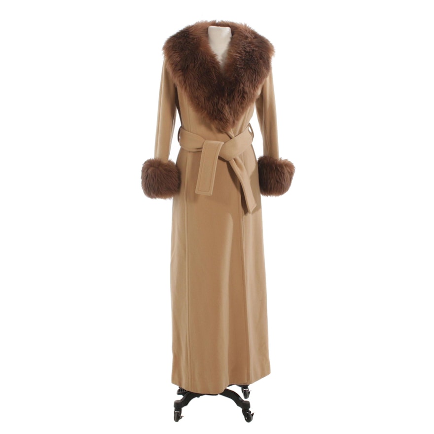 Full-Length Wool Coat with Tie Belt and Brown Shearling Trim, Vintage