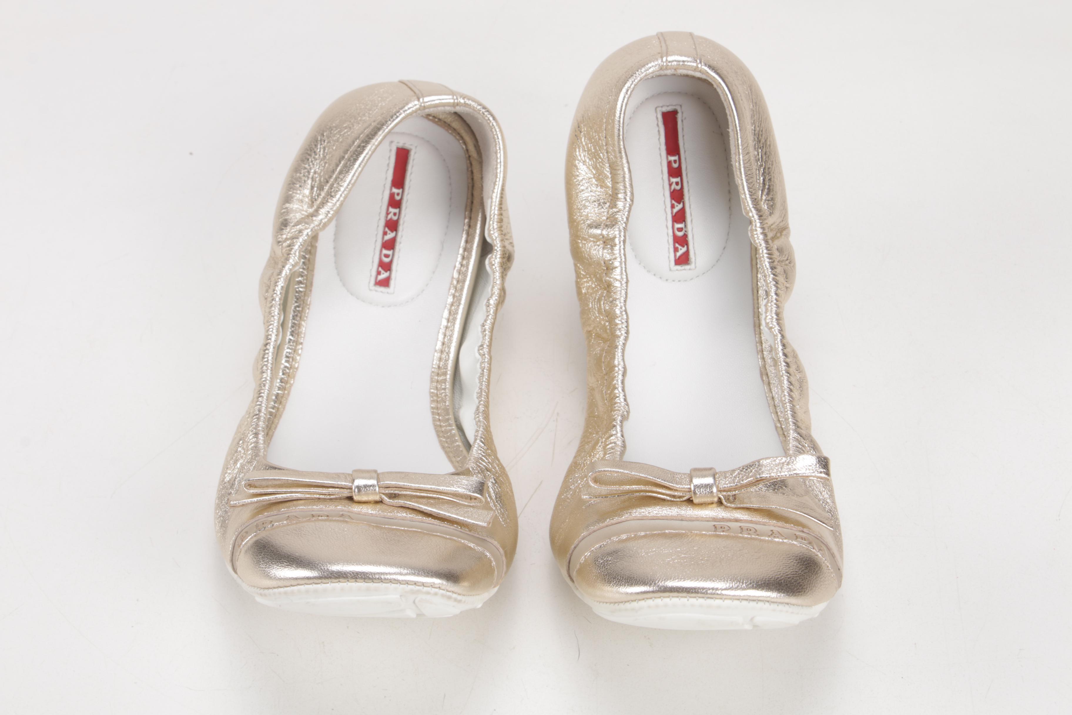 Prada Gold Metallic Leather Flat Bow Ballet Flats, Made in Italy