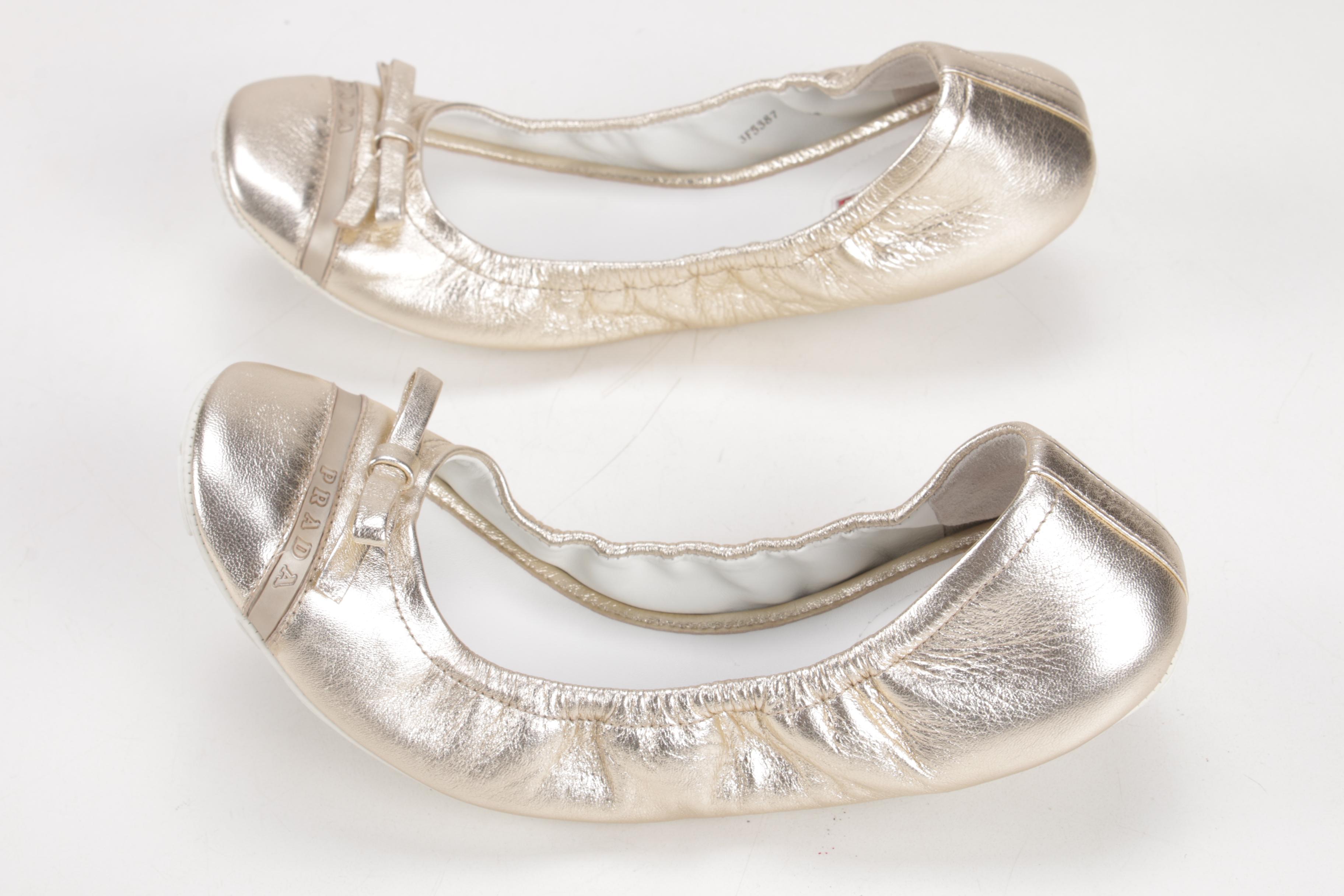 Prada Gold Metallic Leather Flat Bow Ballet Flats, Made in Italy