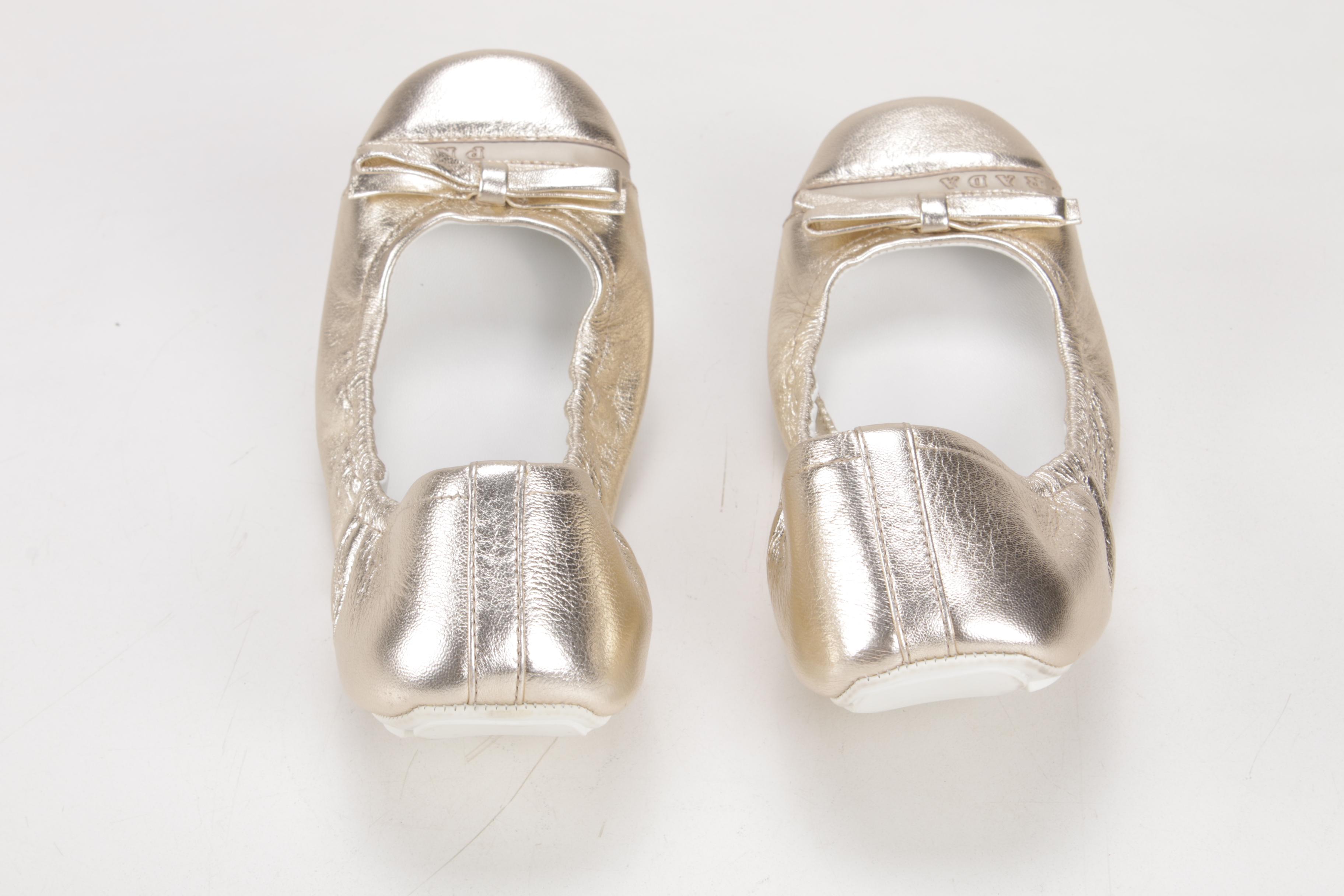 Prada Gold Metallic Leather Flat Bow Ballet Flats, Made in Italy