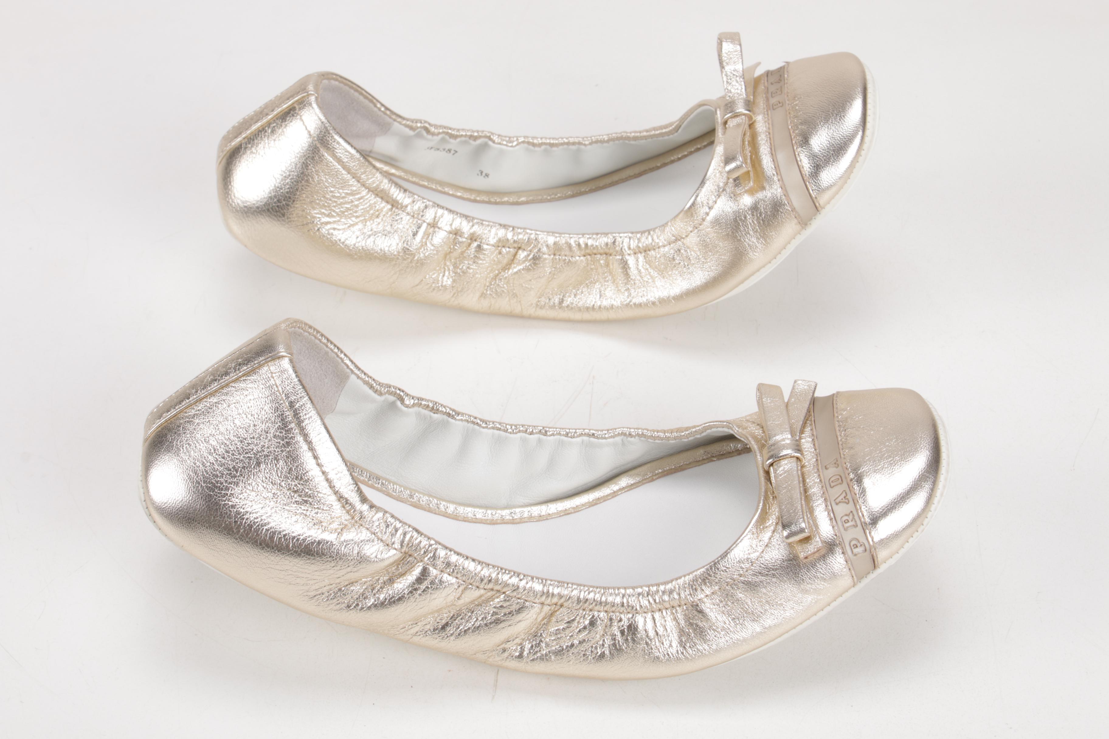 Prada Gold Metallic Leather Flat Bow Ballet Flats, Made in Italy