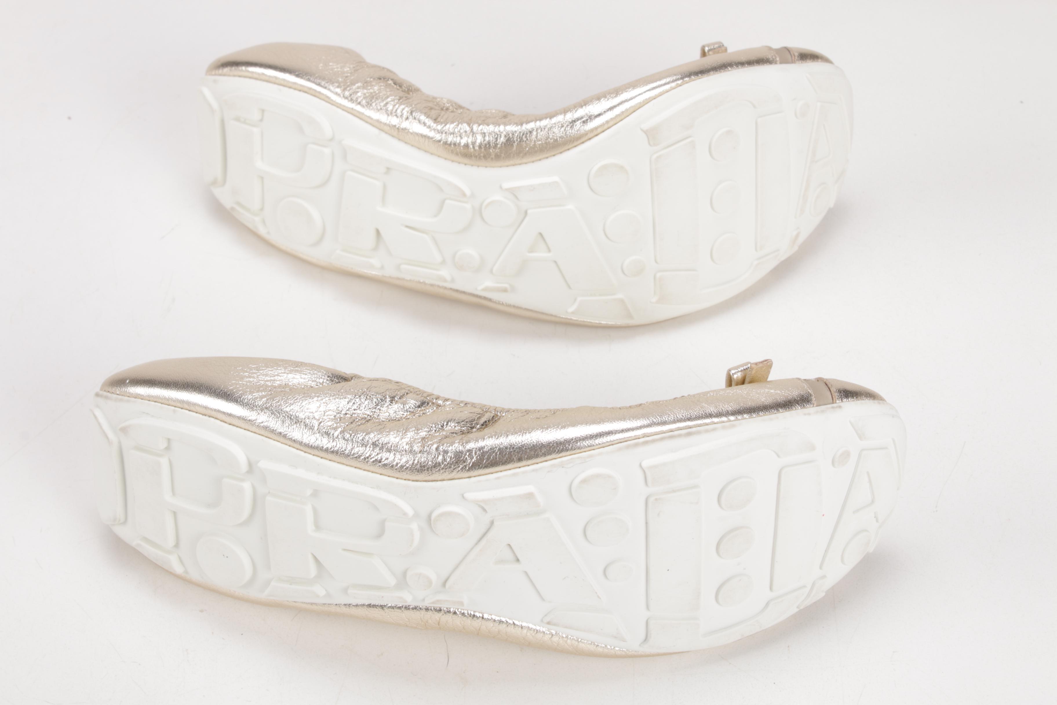 Prada Gold Metallic Leather Flat Bow Ballet Flats, Made in Italy