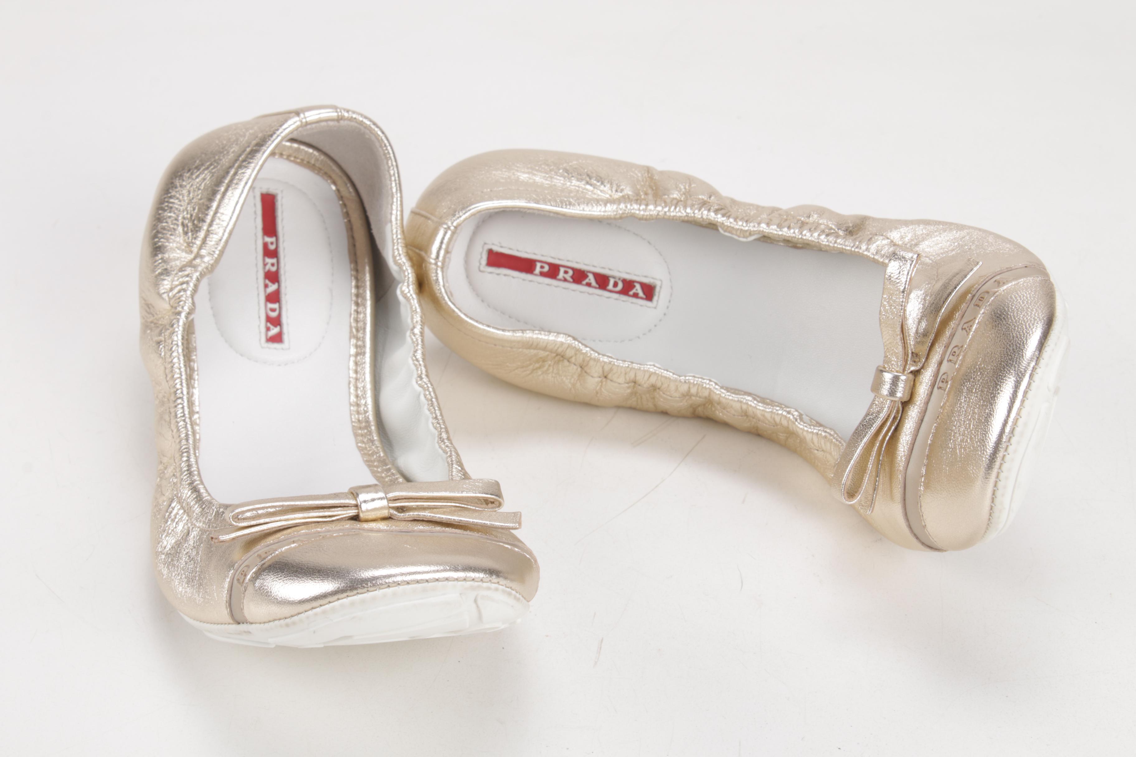 Prada Gold Metallic Leather Flat Bow Ballet Flats, Made in Italy