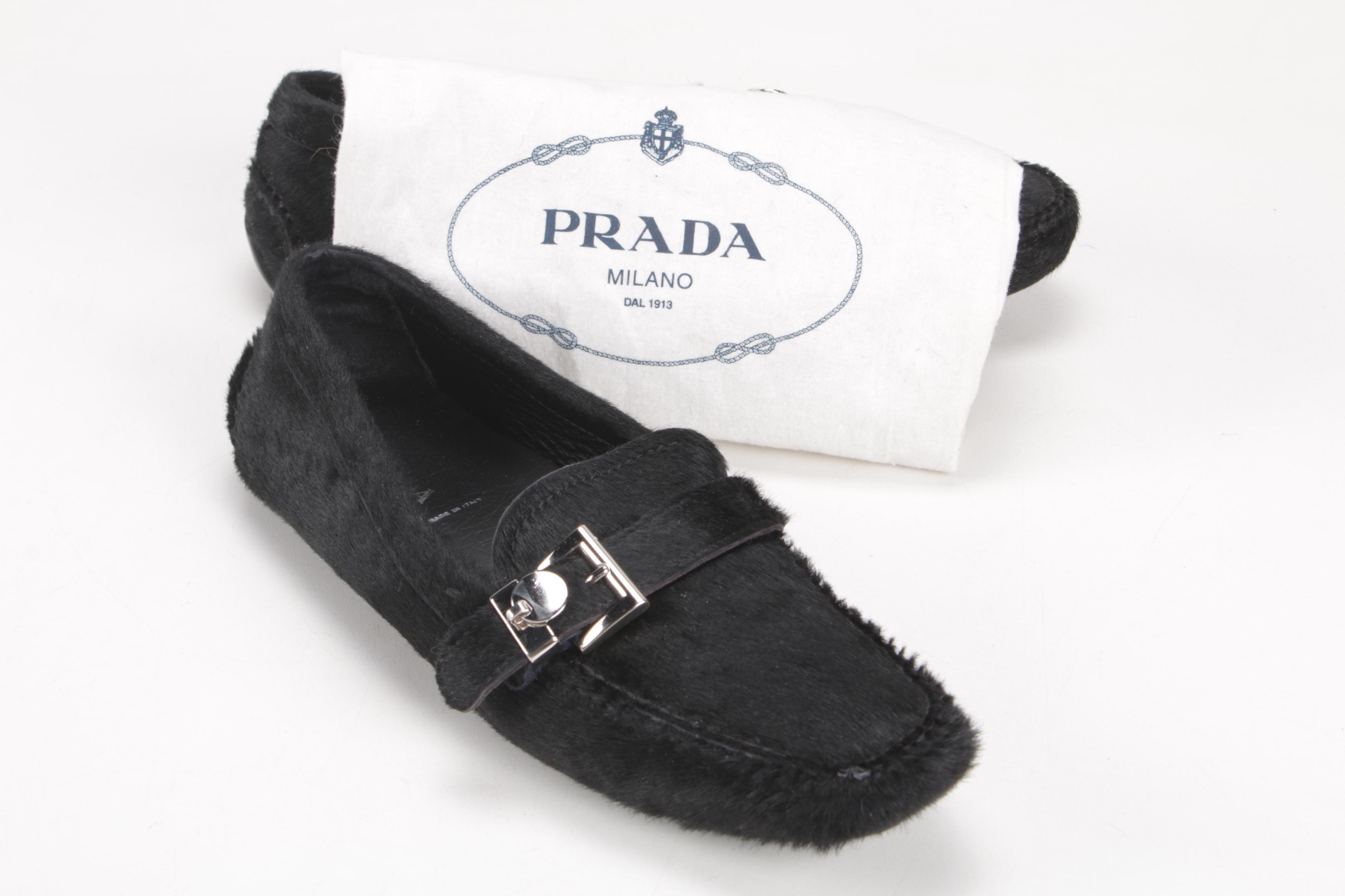 Prada Black Calfskin Buckled Driving Loafers