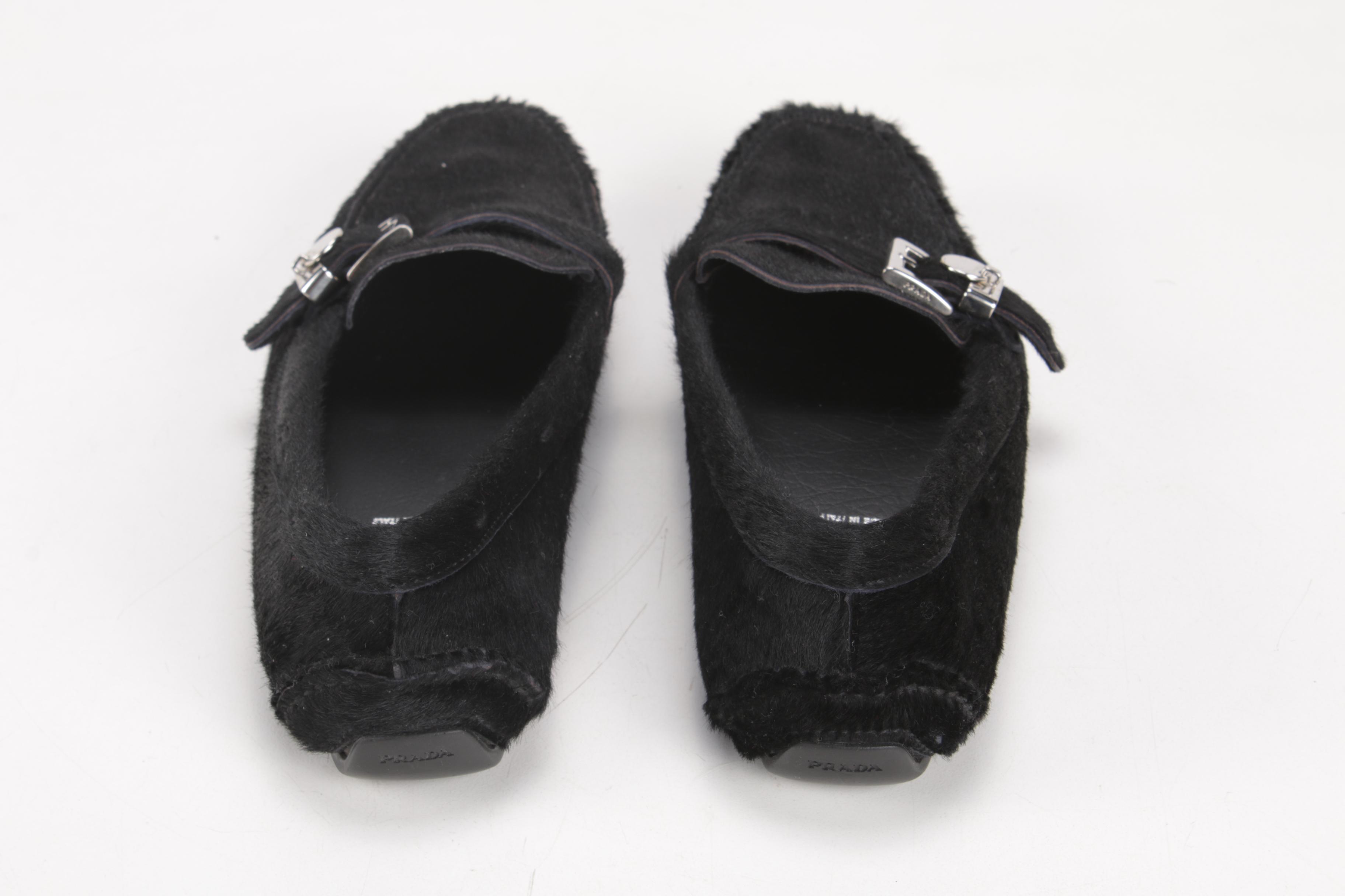 Prada Black Calfskin Buckled Driving Loafers