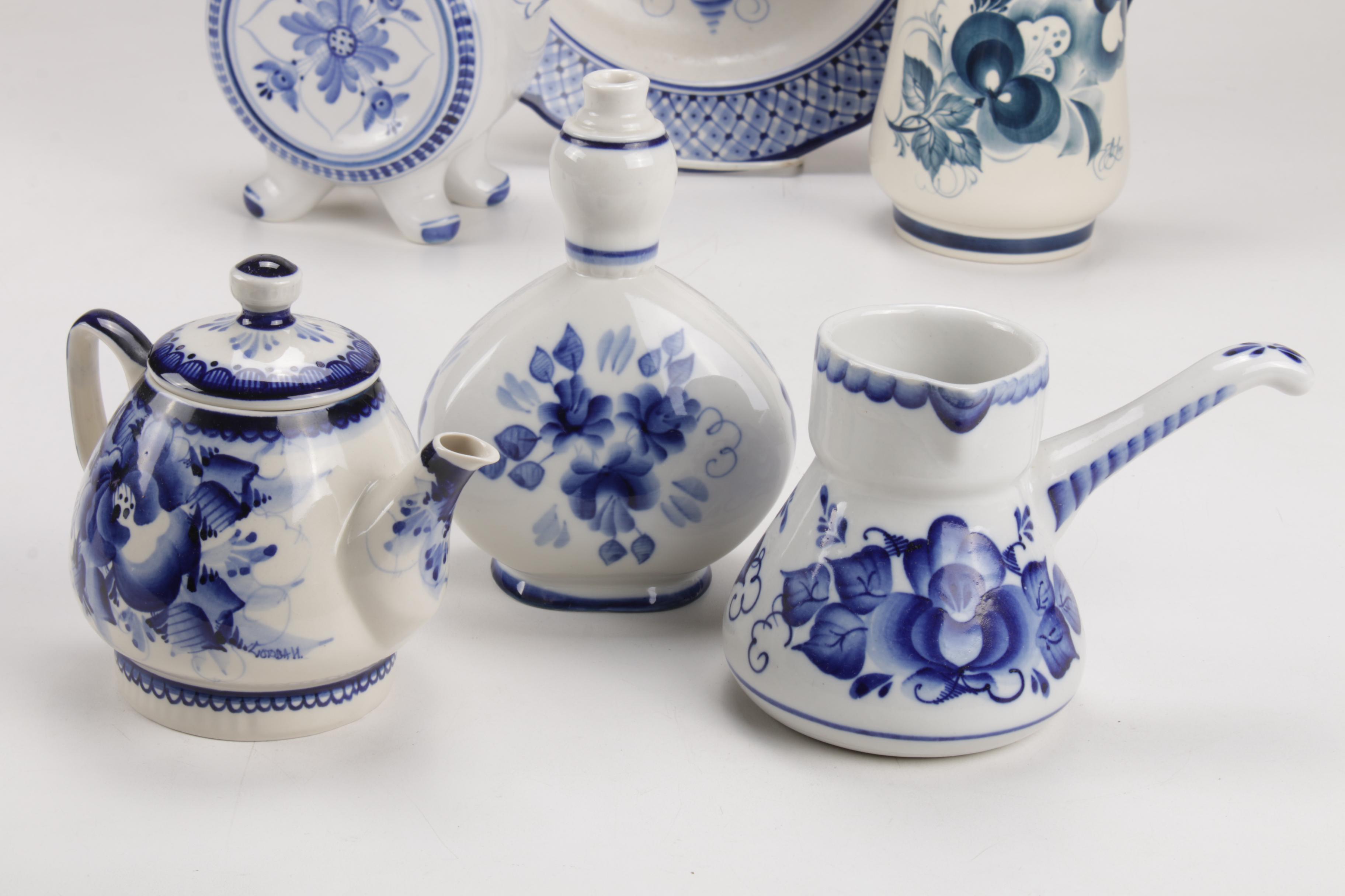 Gzhel Hand-Painted Cobalt Blue Floral and White Russian Porcelain
