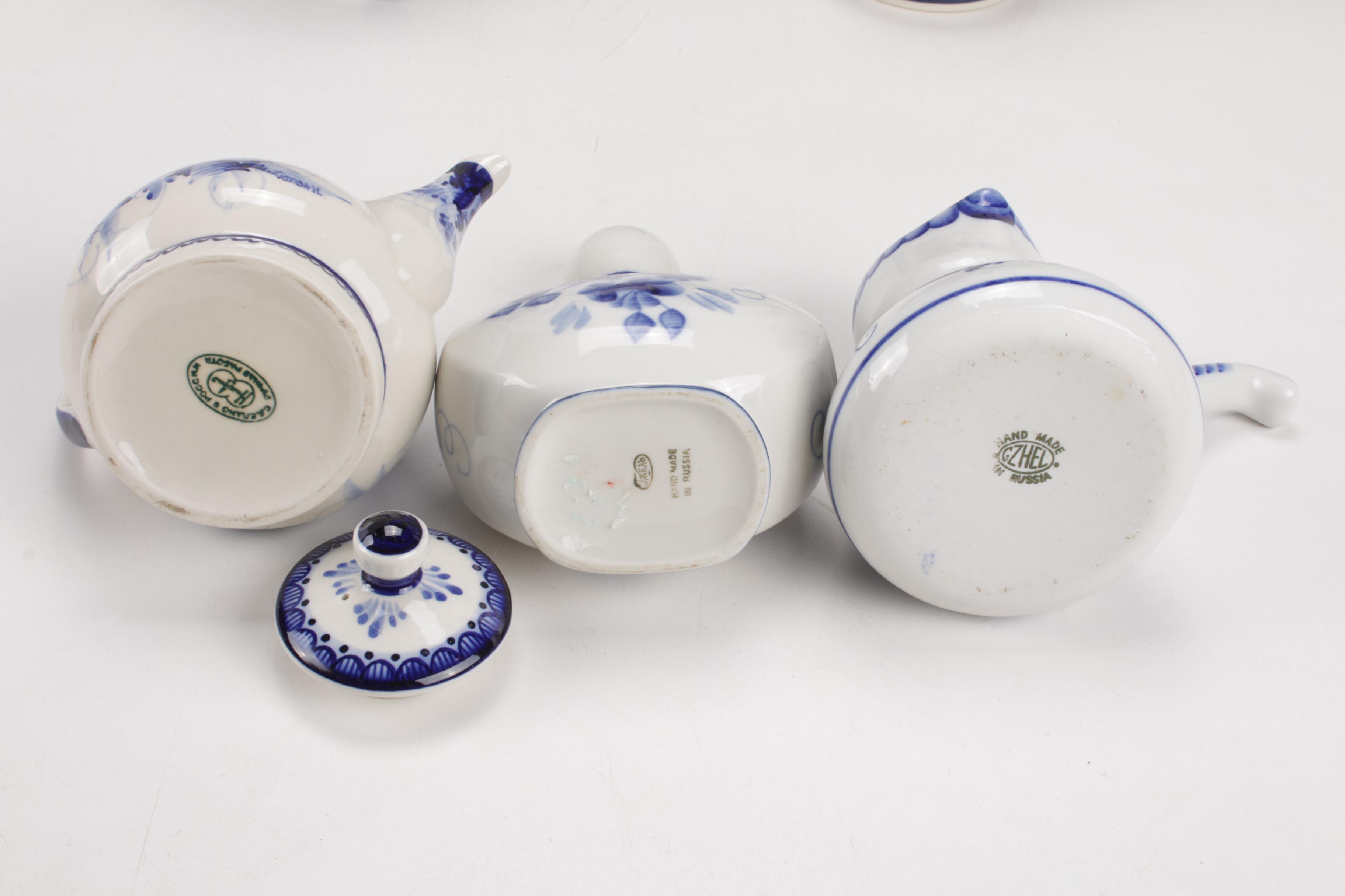 Gzhel Hand-Painted Cobalt Blue Floral and White Russian Porcelain