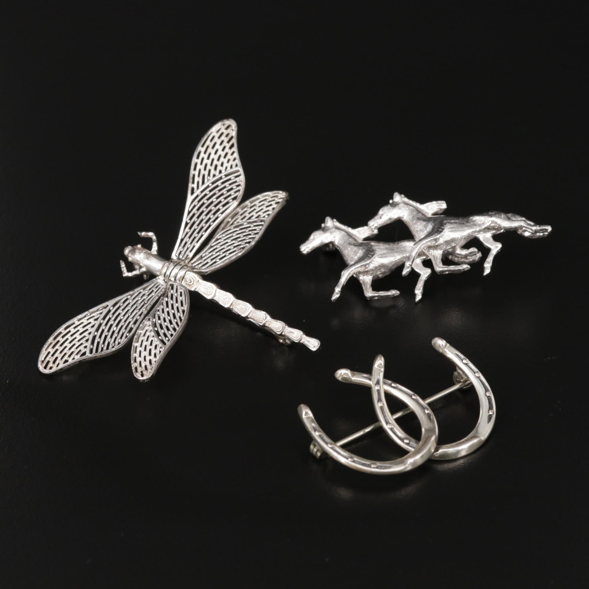 Van Lou Sterling Silver Dragon Fly with Beau Equestrian Brooches