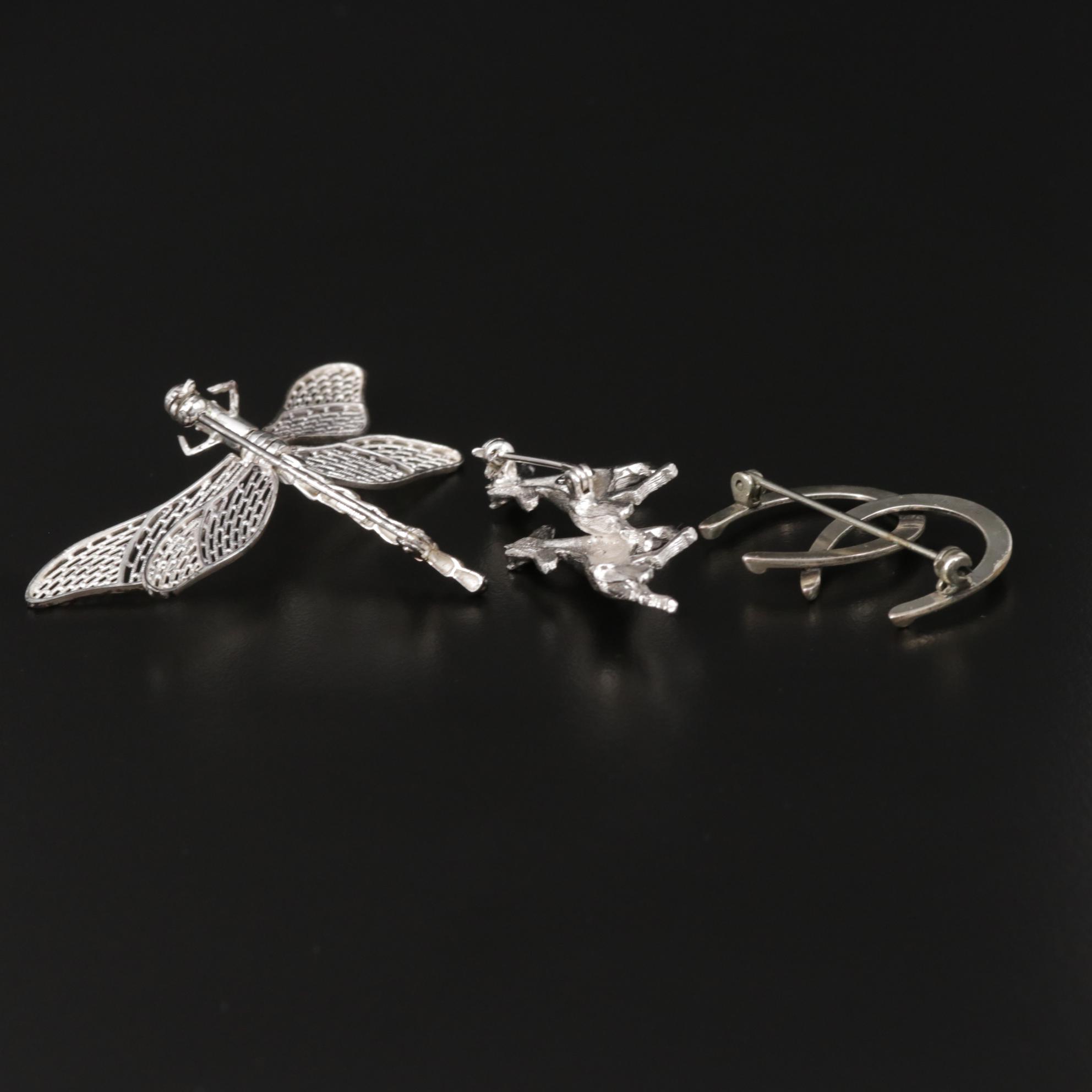 Van Lou Sterling Silver Dragon Fly with Beau Equestrian Brooches
