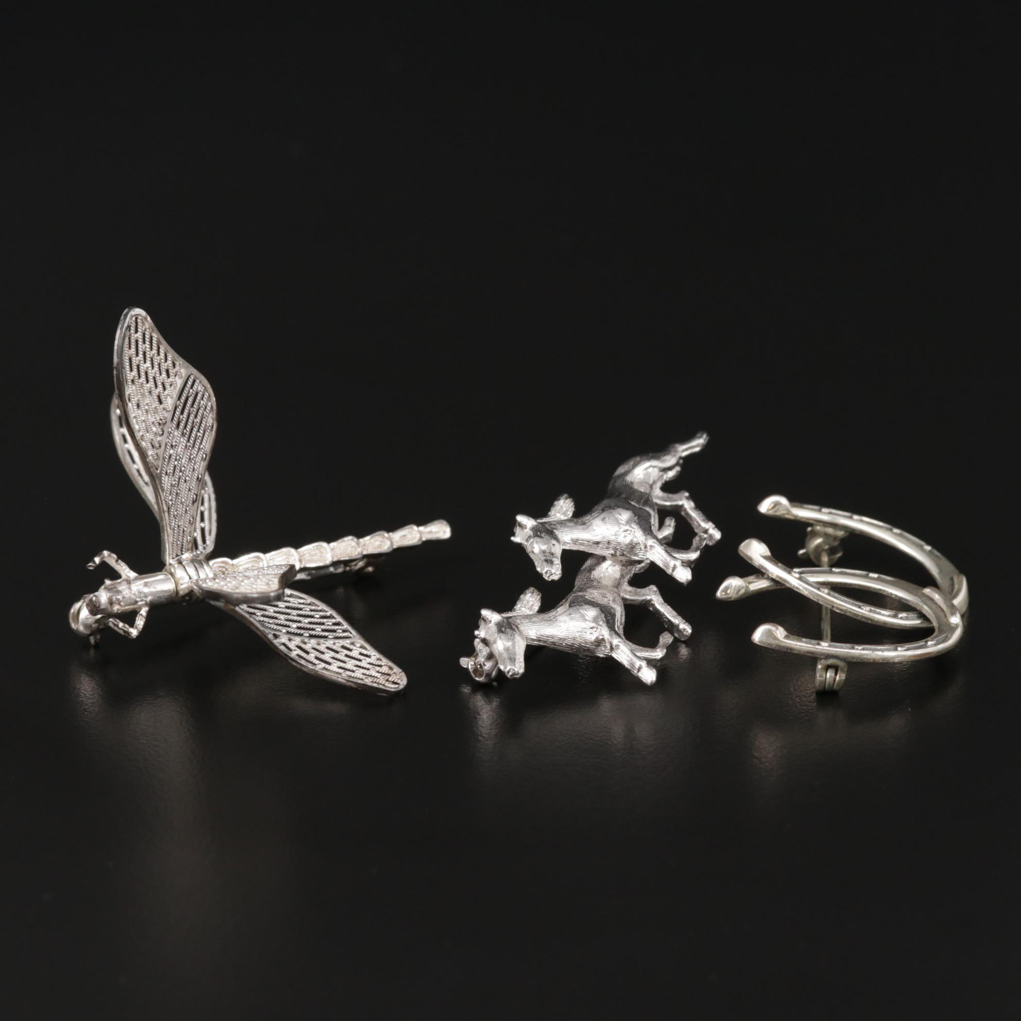 Van Lou Sterling Silver Dragon Fly with Beau Equestrian Brooches