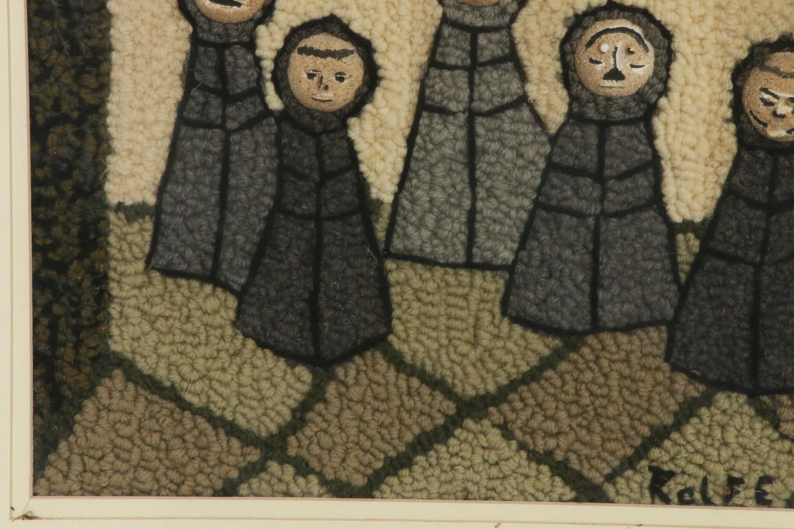 Ronald M. Rolfe Mixed Media and Hooked Wool Fiber Art "Five Monks and Two"