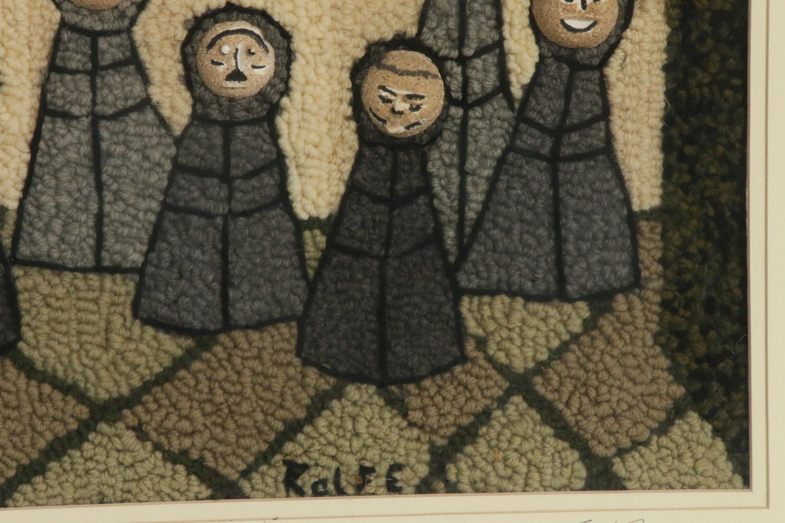 Ronald M. Rolfe Mixed Media and Hooked Wool Fiber Art "Five Monks and Two"