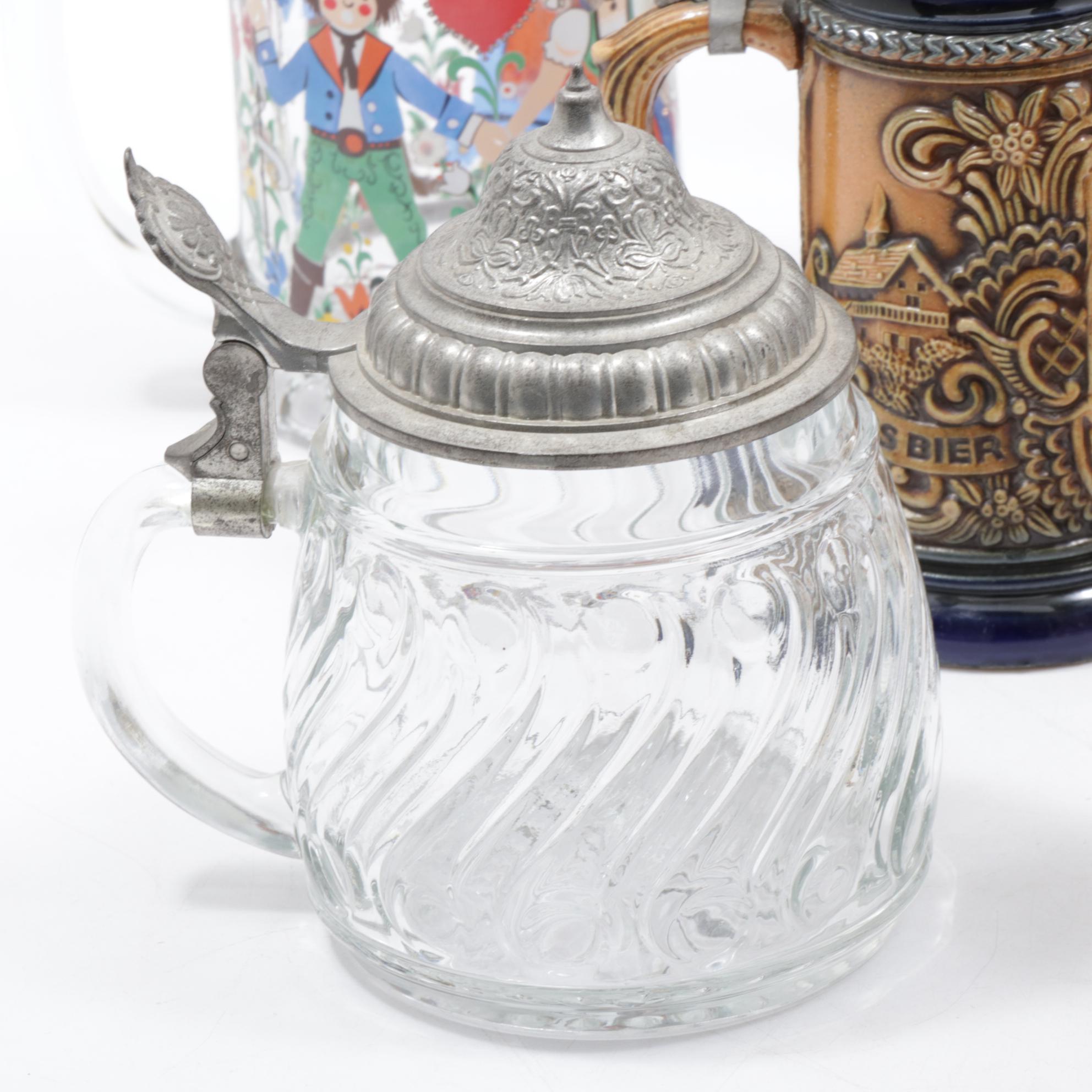 German Glass and Ceramic Steins Including Dümler & Breiden, BMF, and Balzar-Kopp