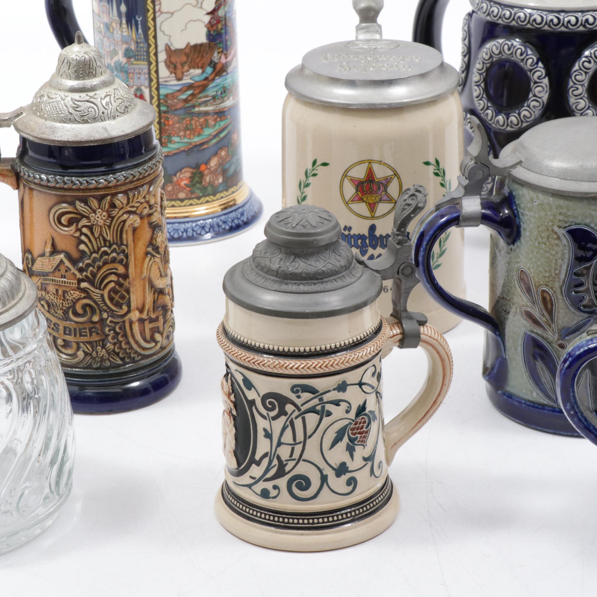 German Glass and Ceramic Steins Including Dümler & Breiden, BMF, and Balzar-Kopp