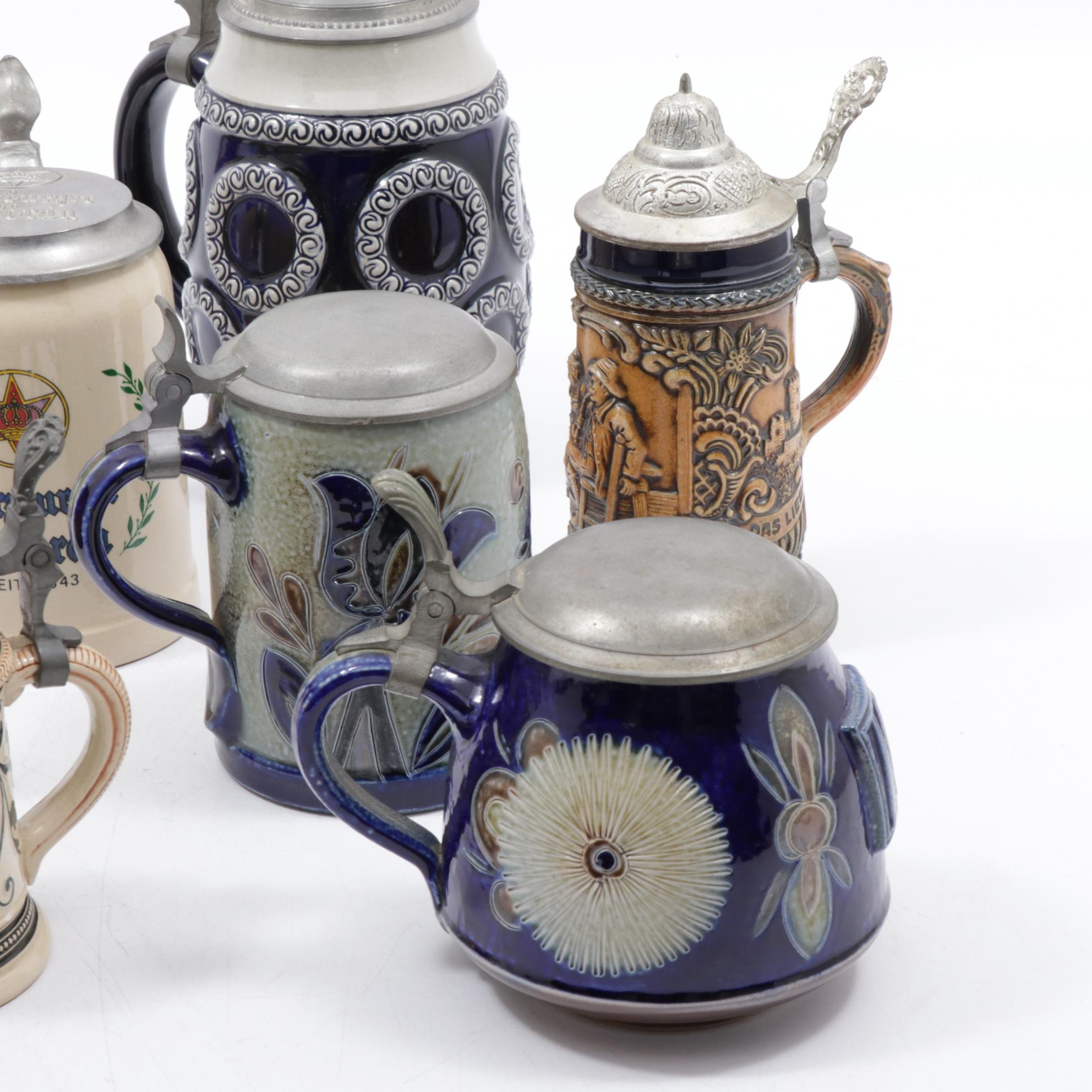 German Glass and Ceramic Steins Including Dümler & Breiden, BMF, and Balzar-Kopp