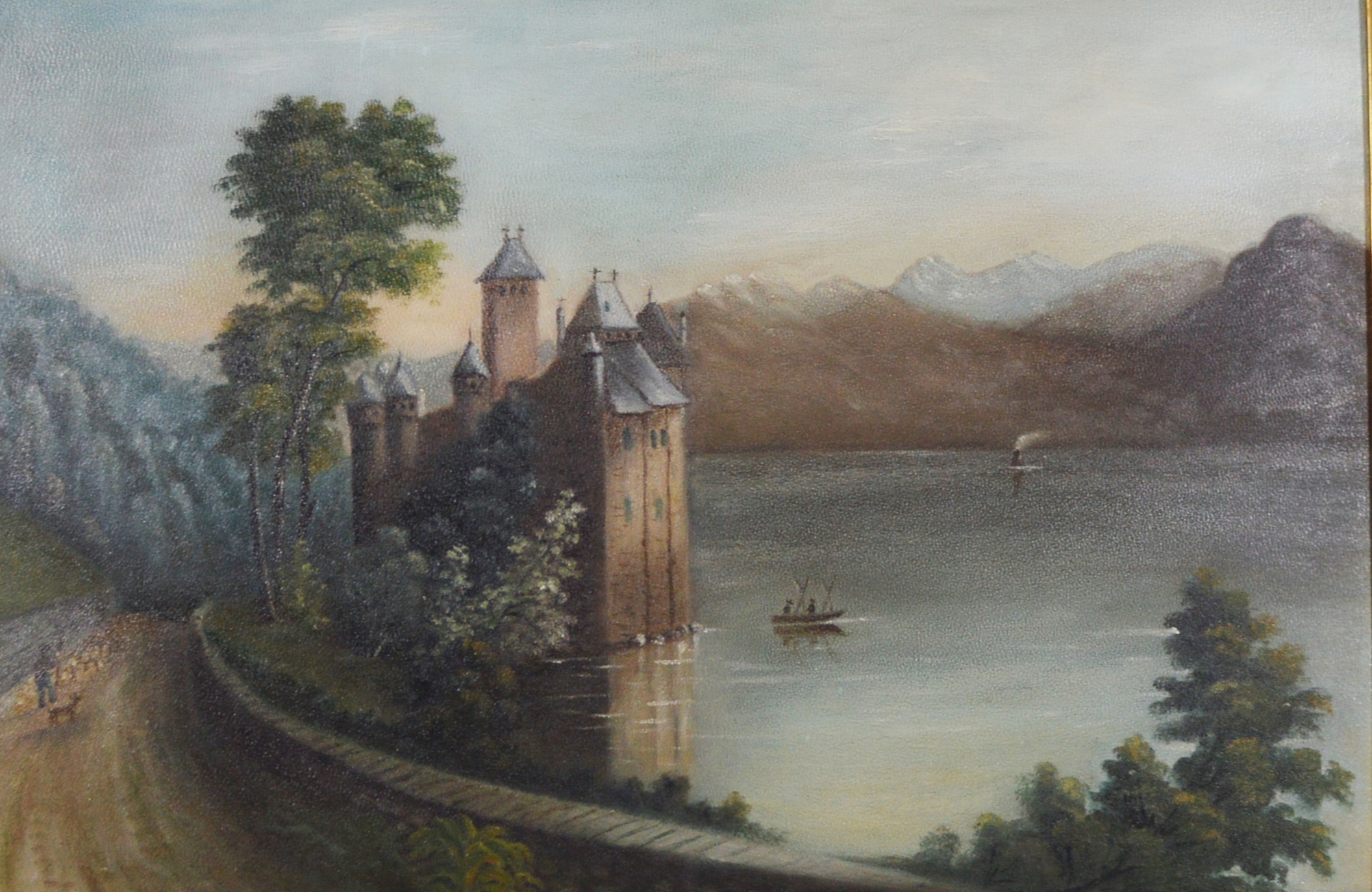 William Schurr Oil Painting of Castle on Lake, Circa 1870