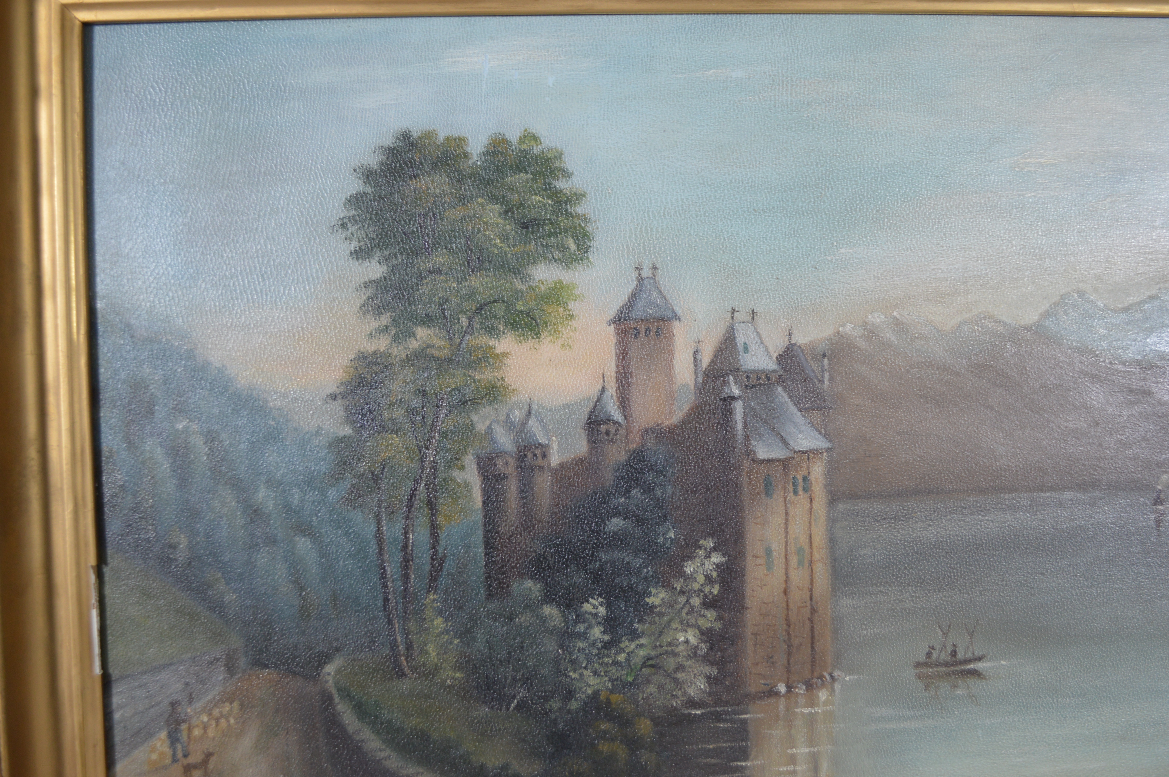 William Schurr Oil Painting of Castle on Lake, Circa 1870