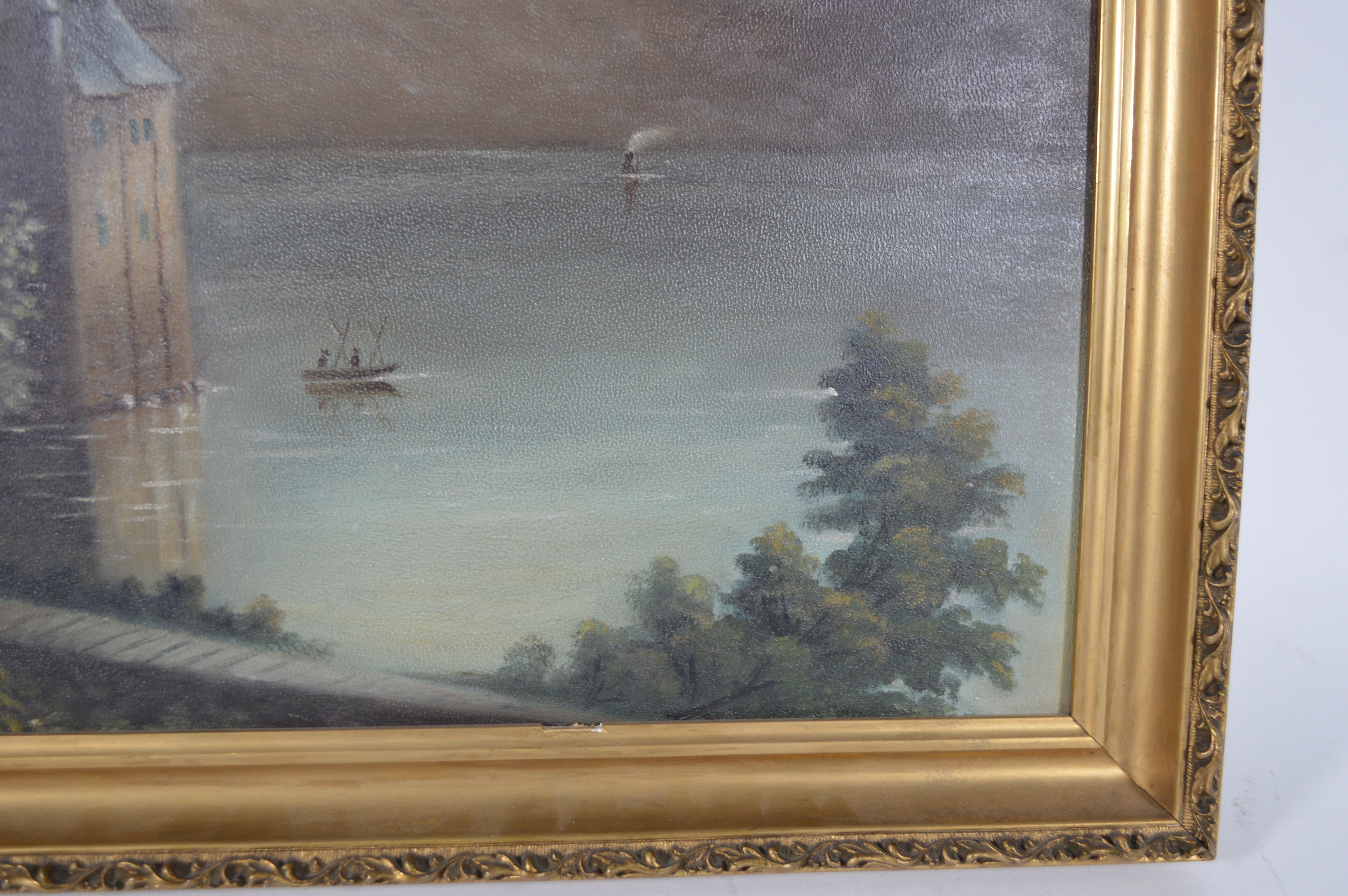 William Schurr Oil Painting of Castle on Lake, Circa 1870