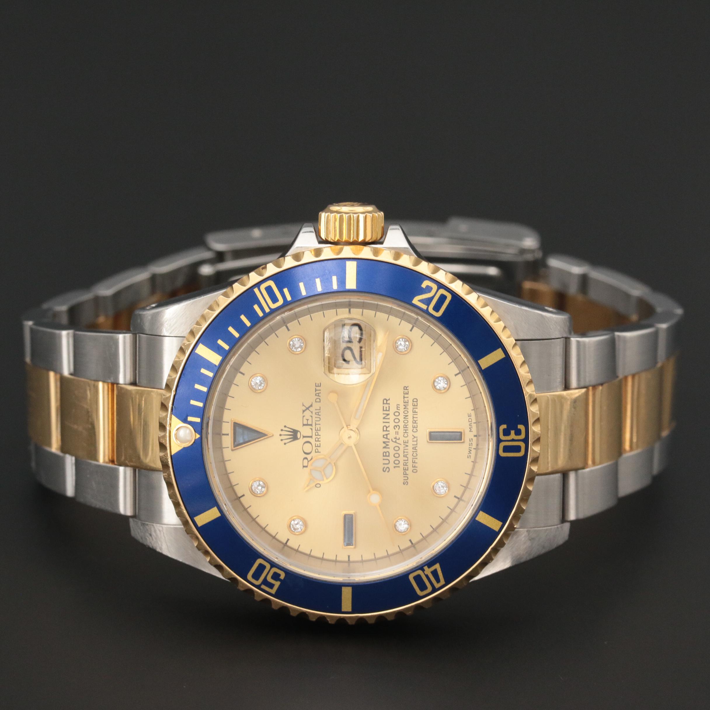 Rolex 18K Submariner Sapphire and Diamond Watch with Serti Dial, 1999