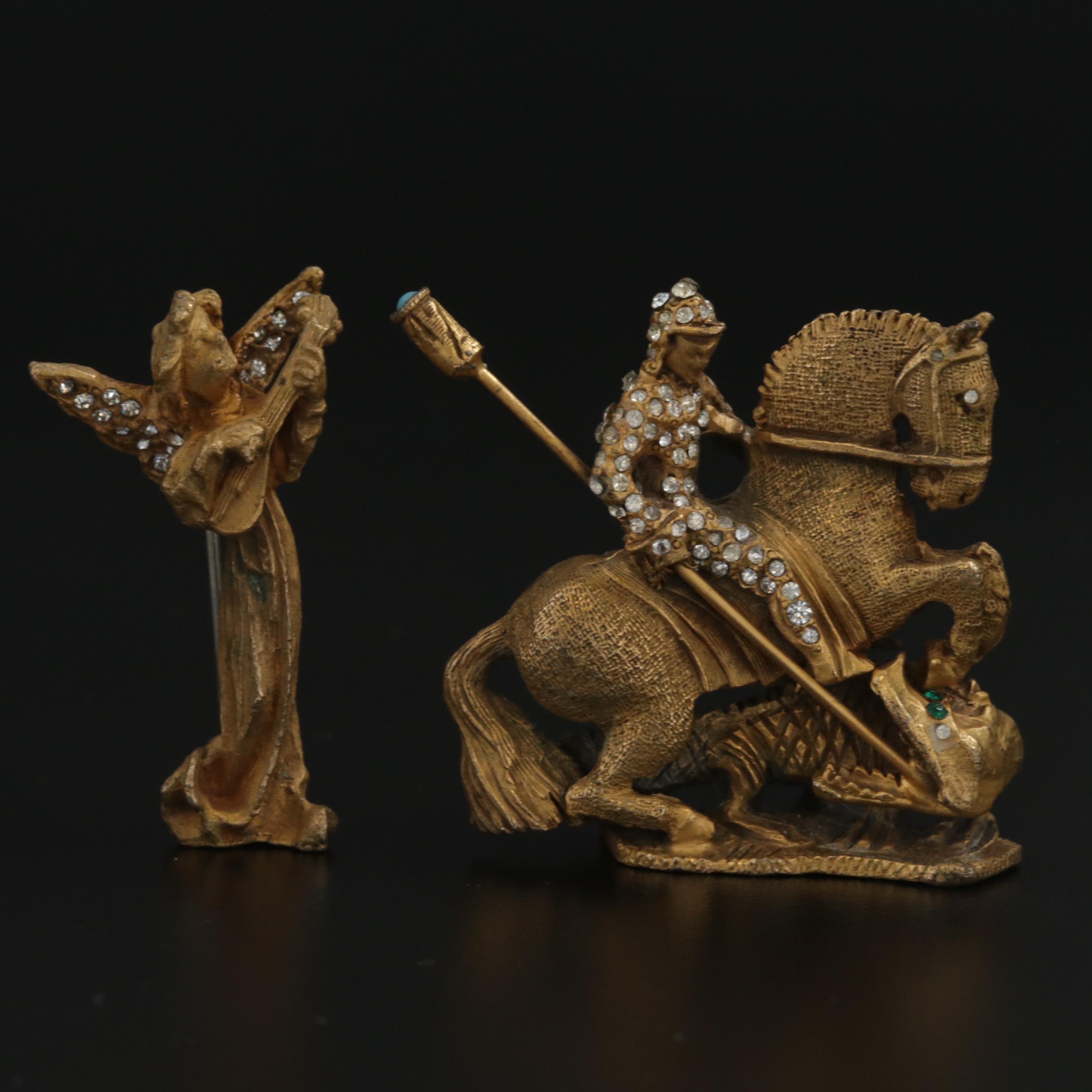 Vintage De Nicola Saint George and the Dragon and Angel Brooches