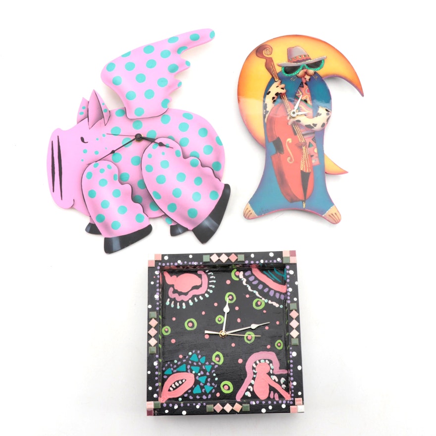 Novelty Wall Clocks Including Ed Olbon "Cool Cat" and Figural Flying Pig