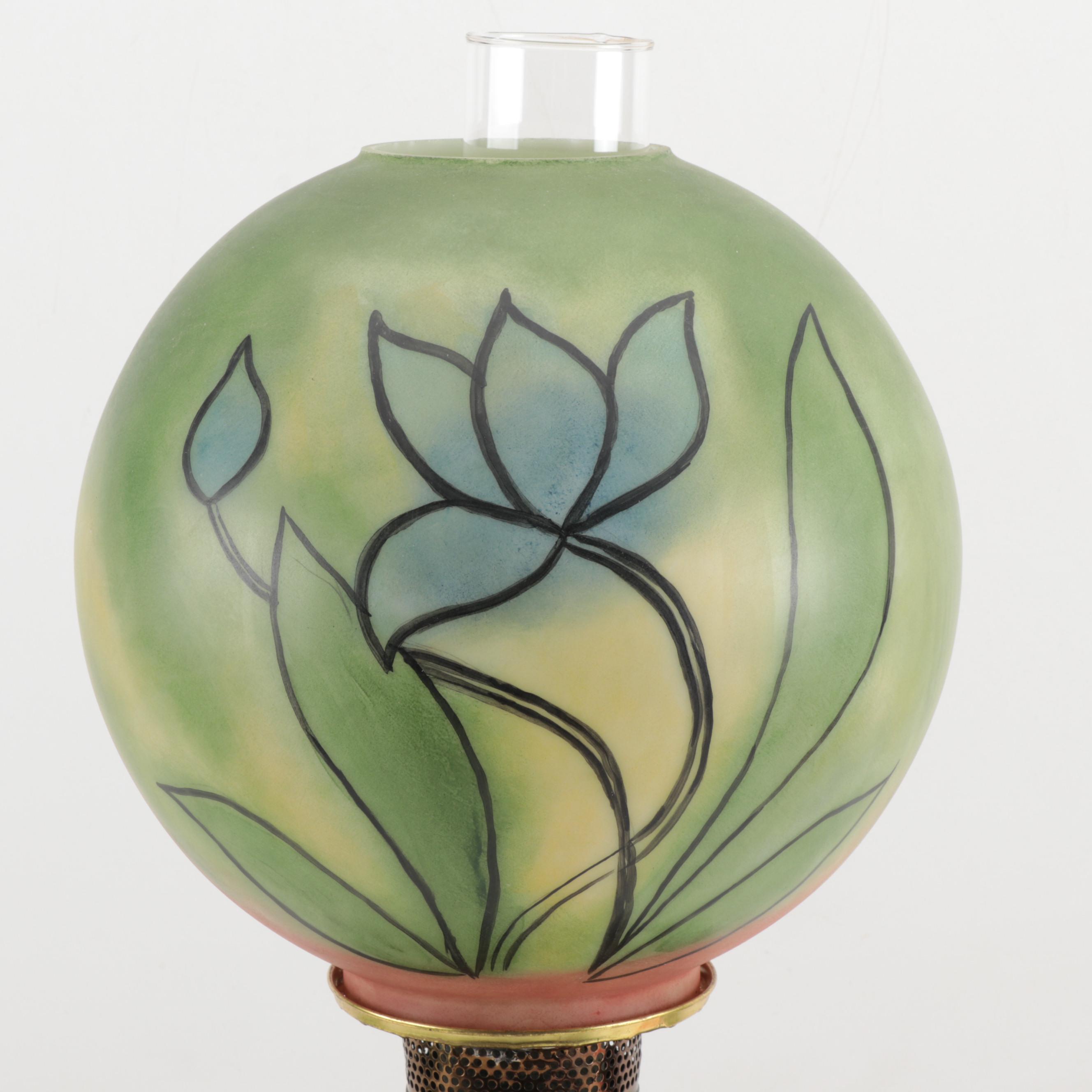 Fostoria Glass Hand Painted Converted Oil Parlour Lamp, Vintage