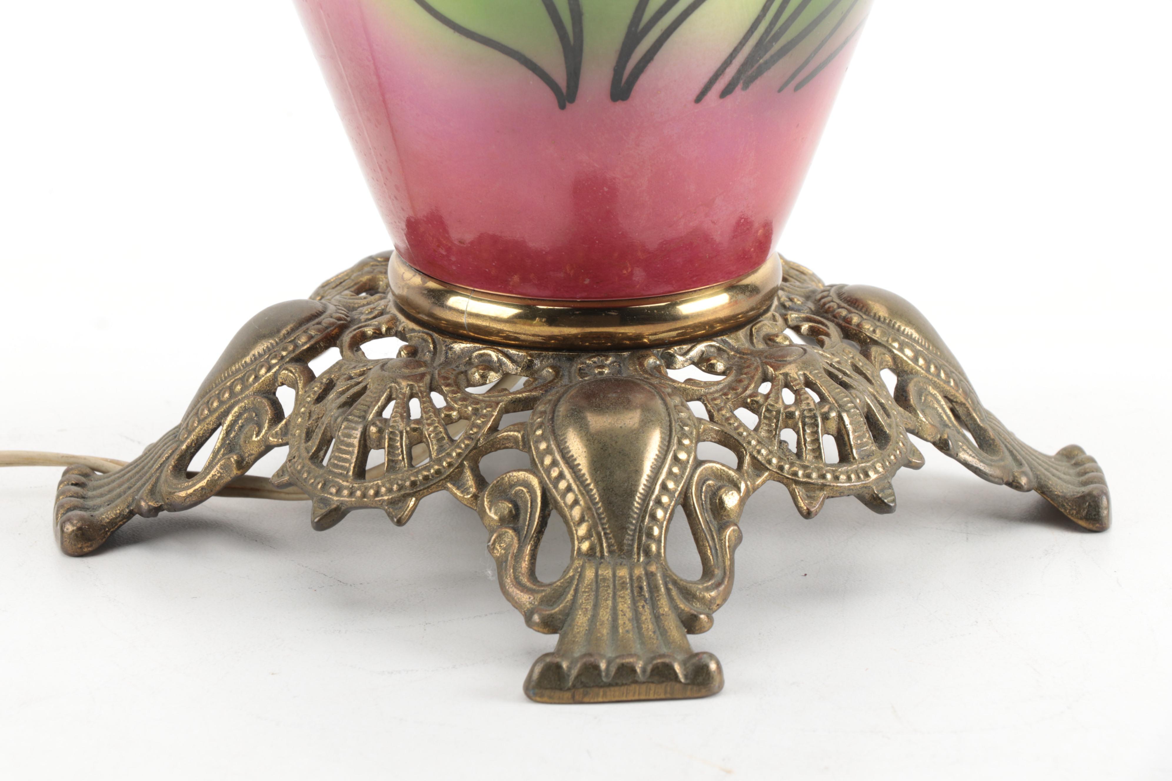 Fostoria Glass Hand Painted Converted Oil Parlour Lamp, Vintage