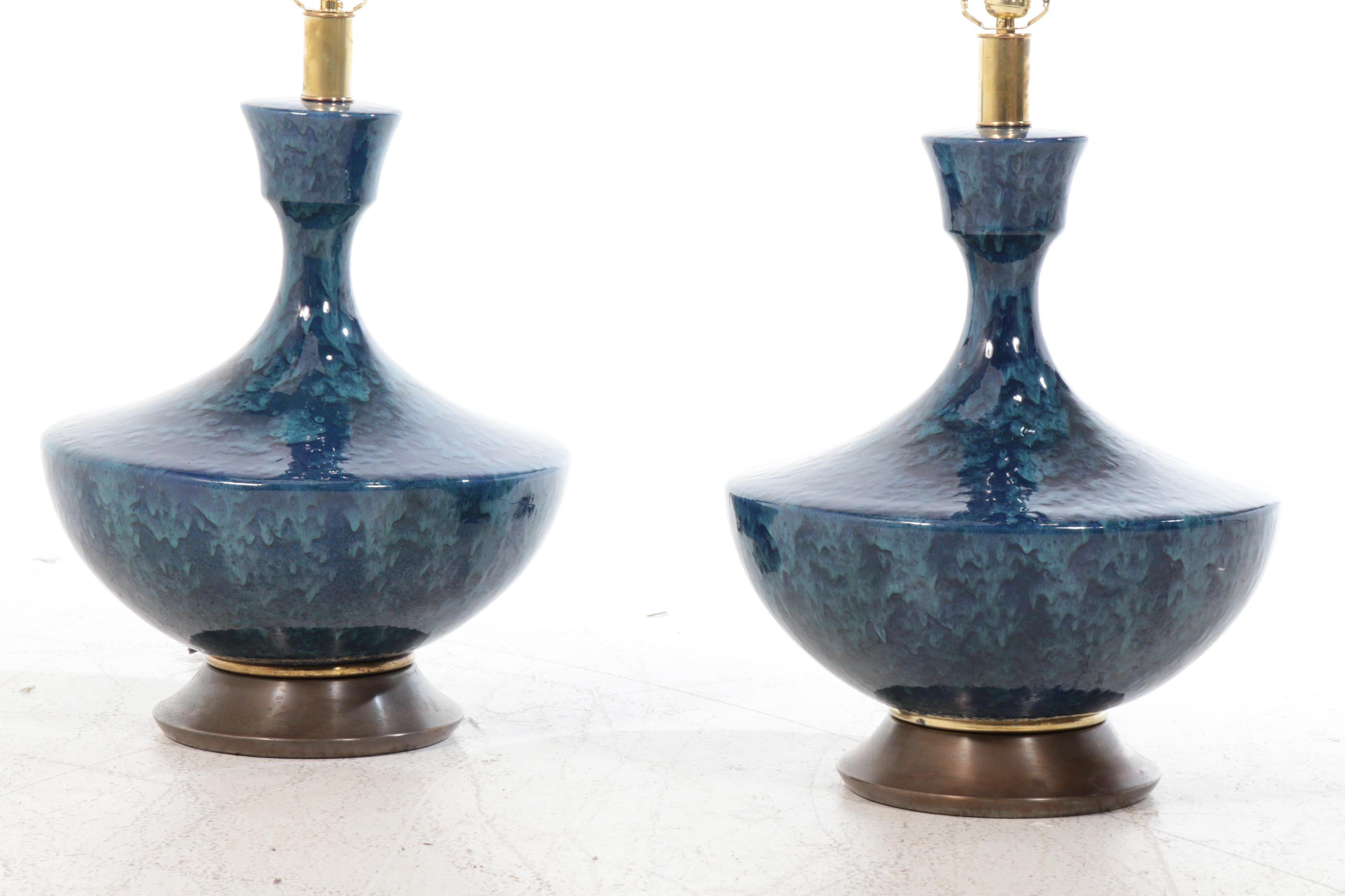 Mid Century Modern Blue Reactive Glaze Ceramic Table Lamps, Mid-20th Century