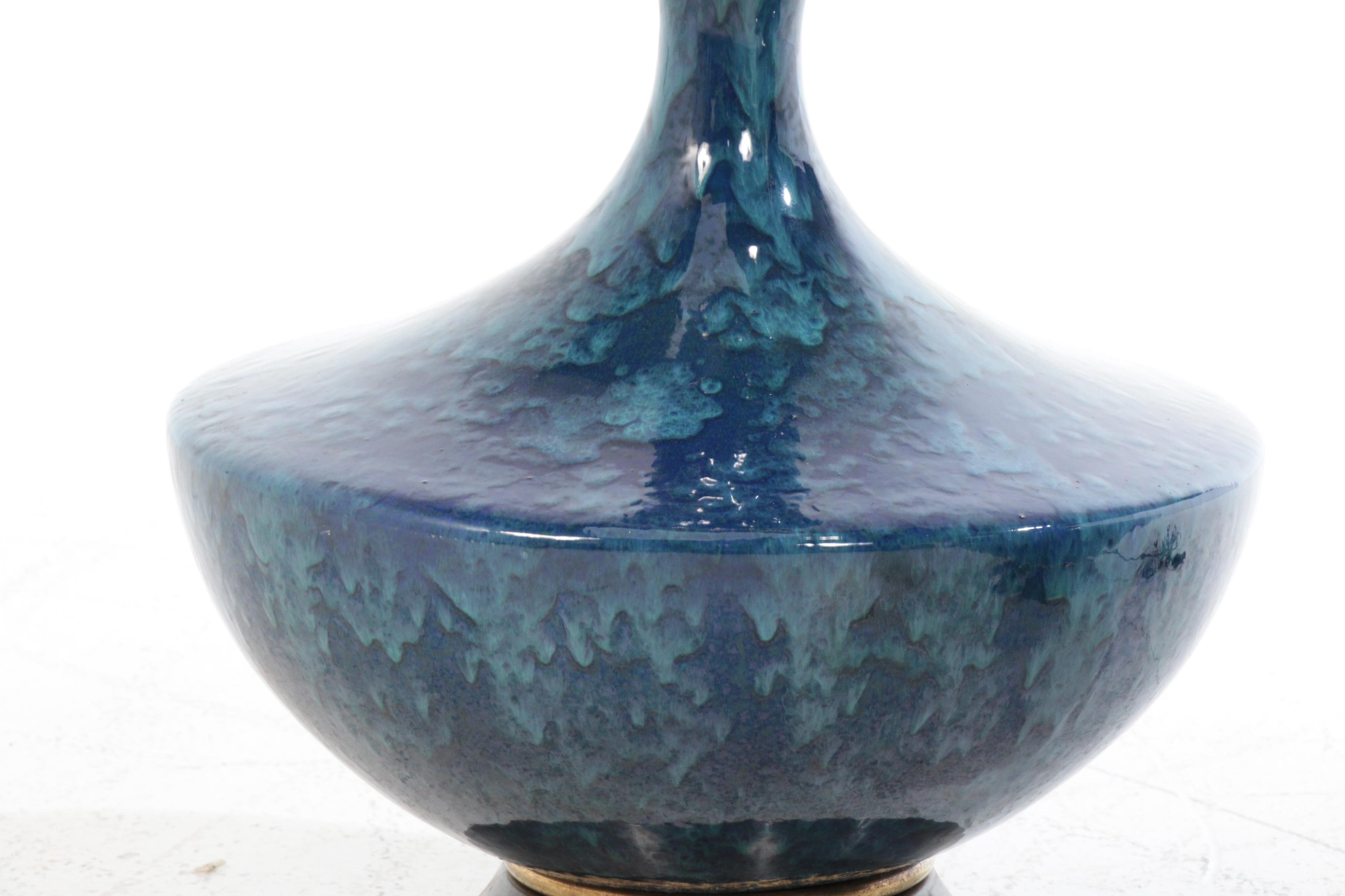 Mid Century Modern Blue Reactive Glaze Ceramic Table Lamps, Mid-20th Century