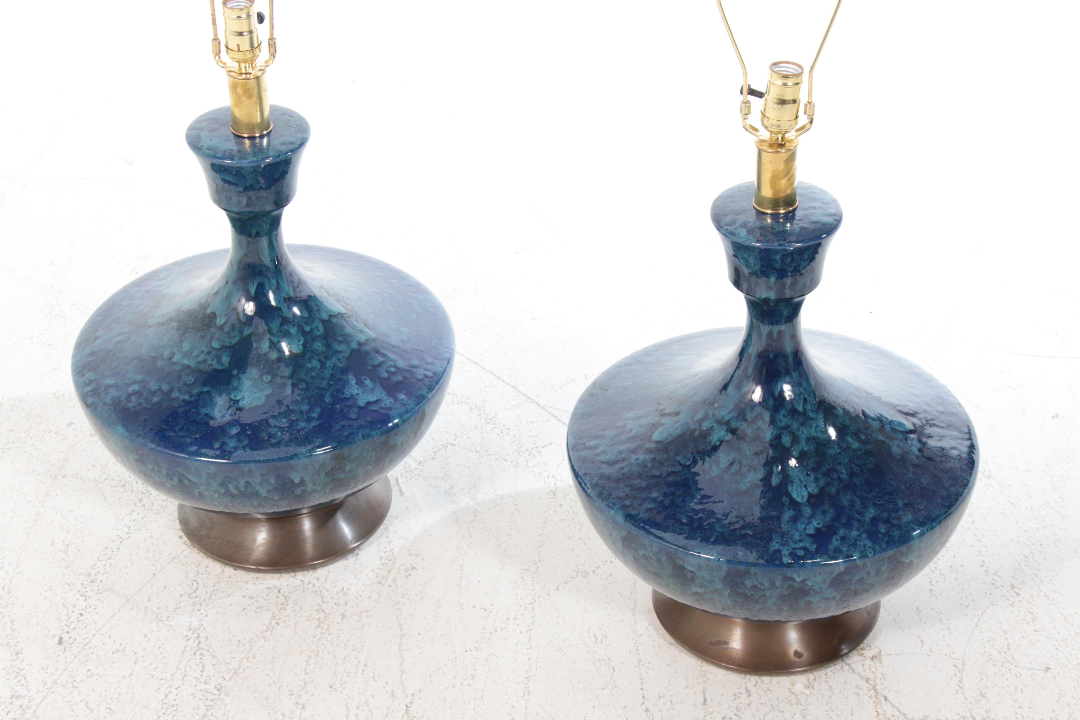 Mid Century Modern Blue Reactive Glaze Ceramic Table Lamps, Mid-20th Century