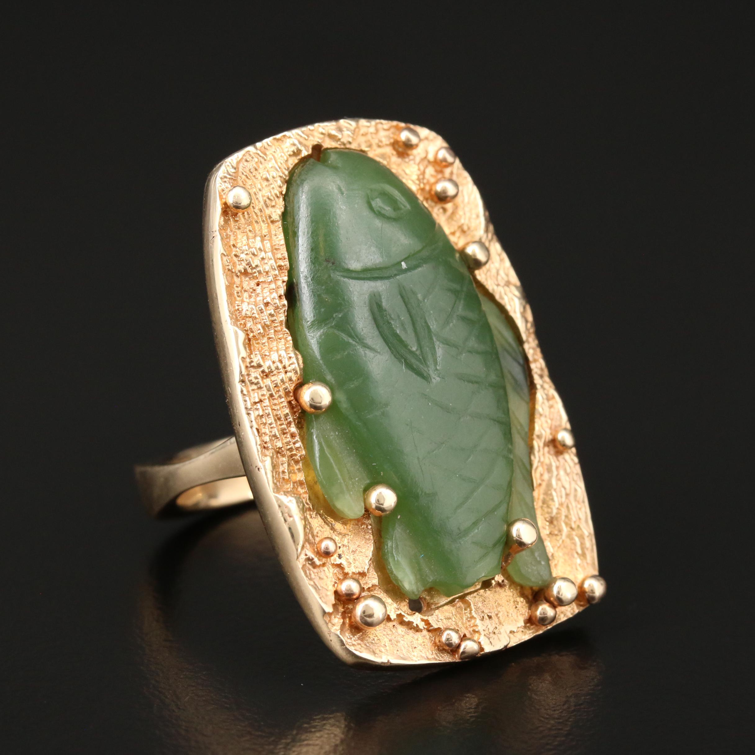 Joe Apodaca 14K Yellow Gold Nephrite Carved Fish Ring with Euro Shank