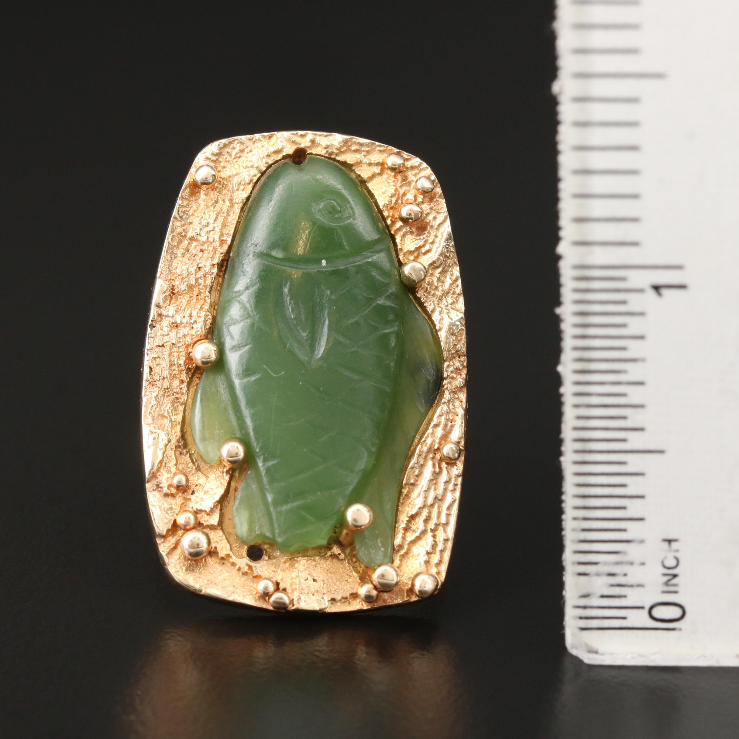 Joe Apodaca 14K Yellow Gold Nephrite Carved Fish Ring with Euro Shank